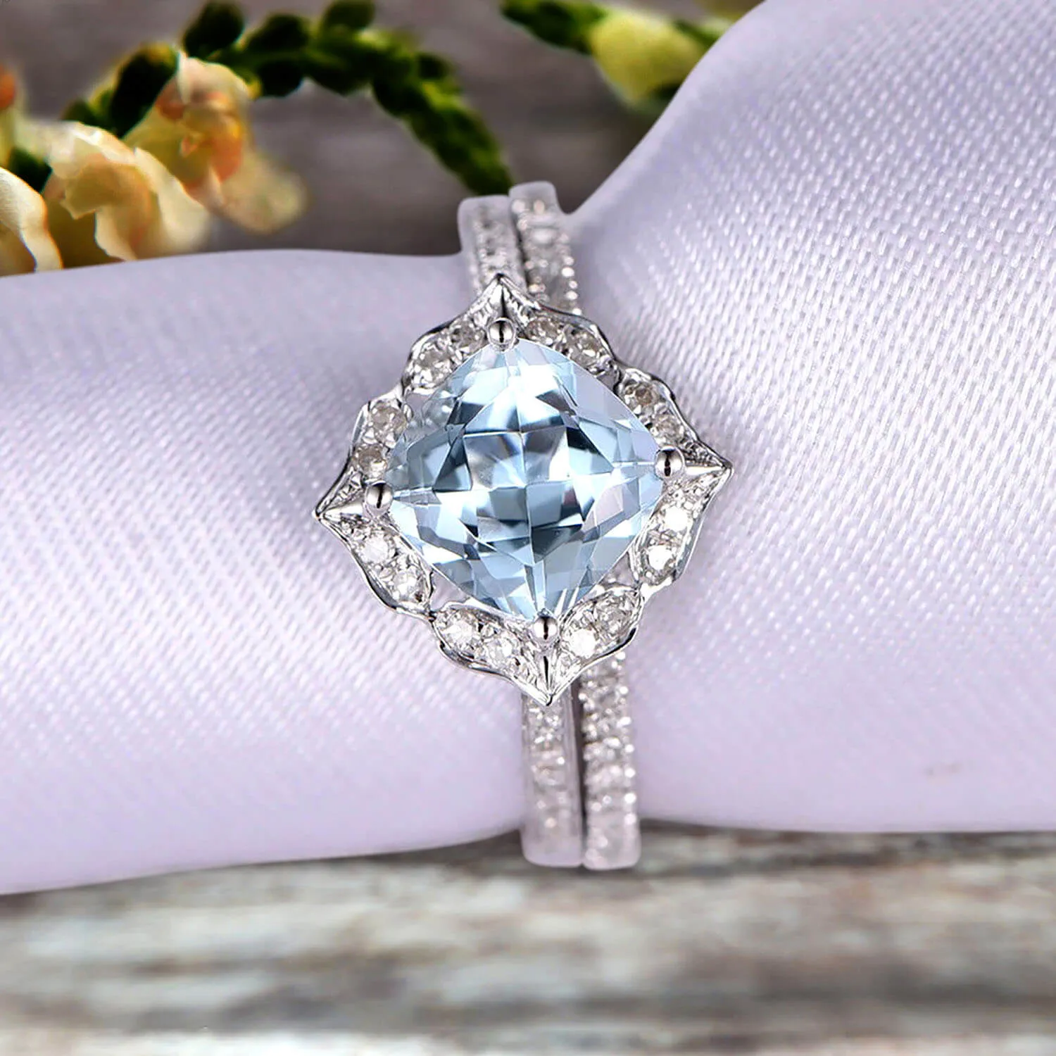 2Pcs Wedding Ring Set Cushion Cut 1.75 Carat Aquamarine Engagement Ring On 10k White gold Matching Band Vintage Look Halo Design