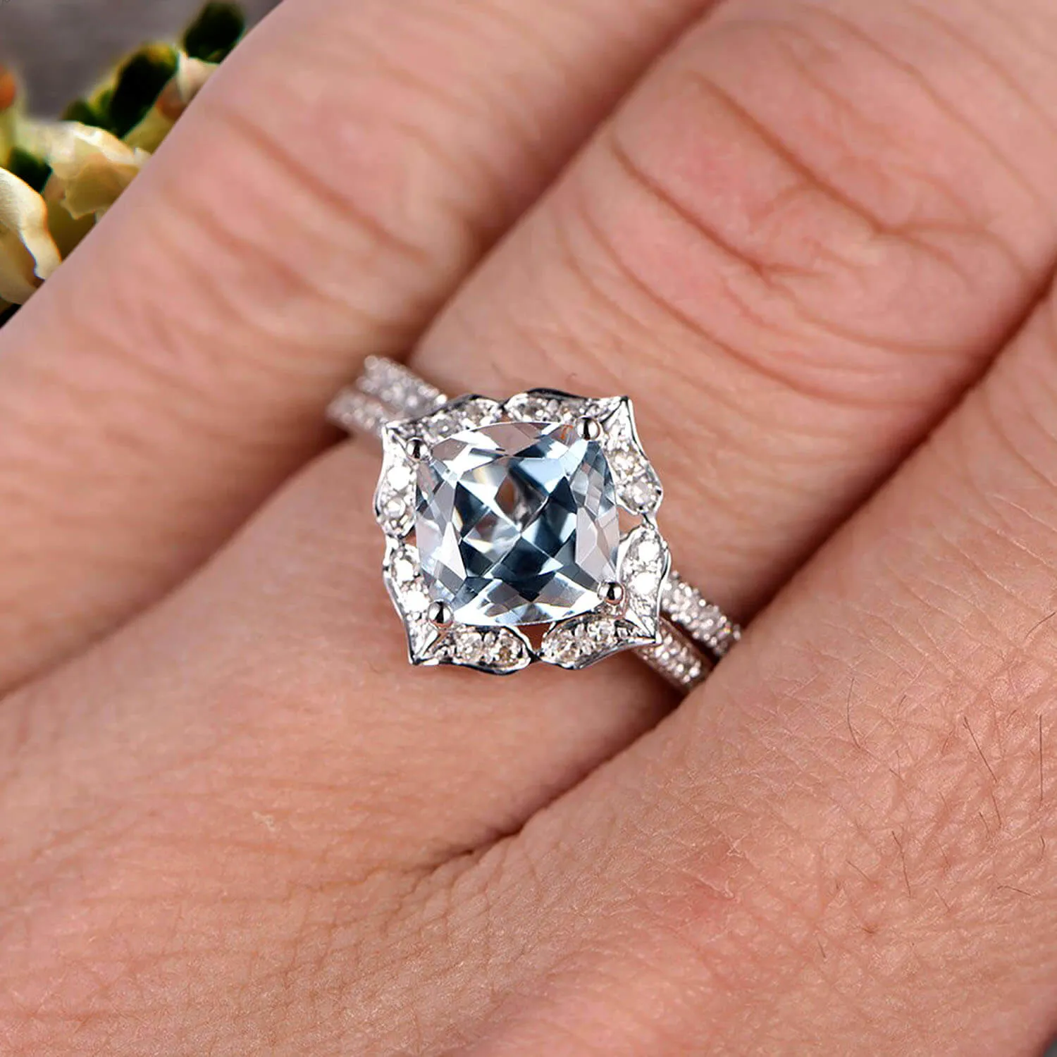 2Pcs Wedding Ring Set Cushion Cut 1.75 Carat Aquamarine Engagement Ring On 10k White gold Matching Band Vintage Look Halo Design