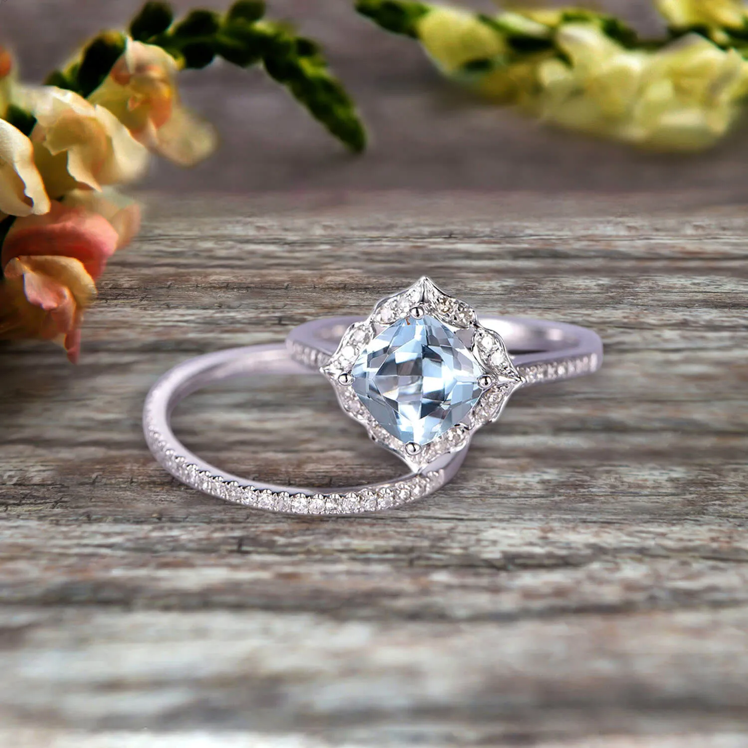 2Pcs Wedding Ring Set Cushion Cut 1.75 Carat Aquamarine Engagement Ring On 10k White gold Matching Band Vintage Look Halo Design