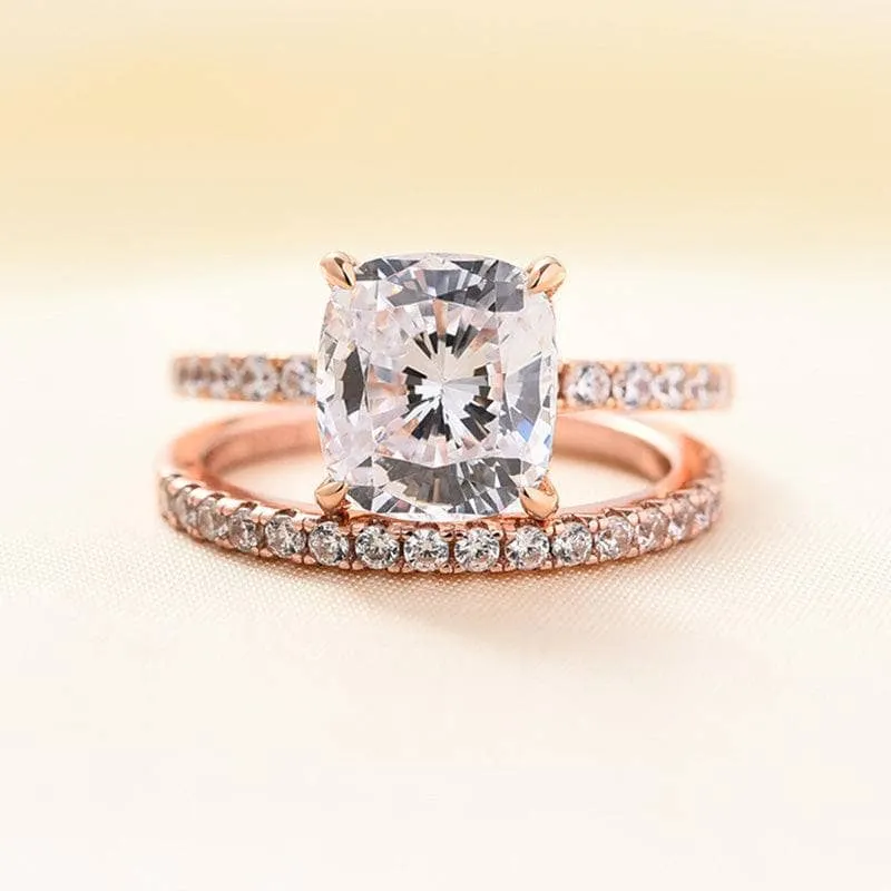 3.0ct Cushion Cut Rose Gold Clear Simulated Sapphire Wedding Ring Set
