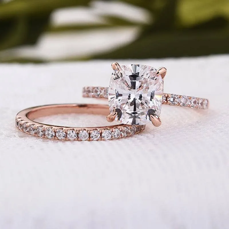 3.0ct Cushion Cut Rose Gold Clear Simulated Sapphire Wedding Ring Set