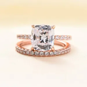 3.0ct Cushion Cut Rose Gold Clear Simulated Sapphire Wedding Ring Set