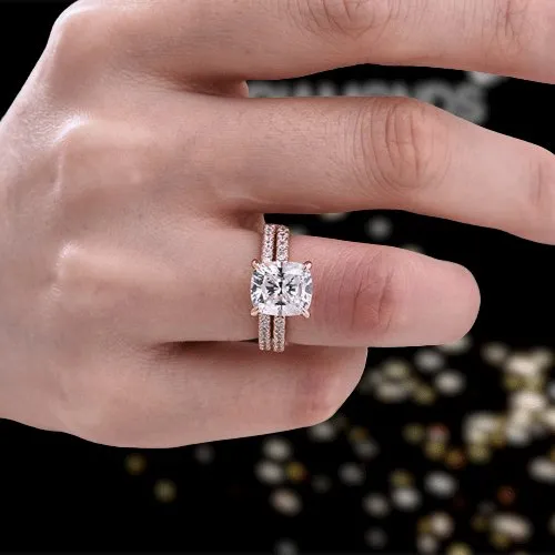 3.0ct Cushion Cut Rose Gold Clear Simulated Sapphire Wedding Ring Set