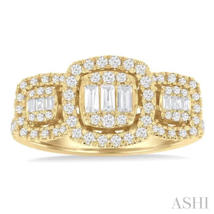 3/4 ctw Cushion Shape Past, Present & Future Fusion Baguette and Round Cut Diamond Engagement Ring in 14K Yellow Gold