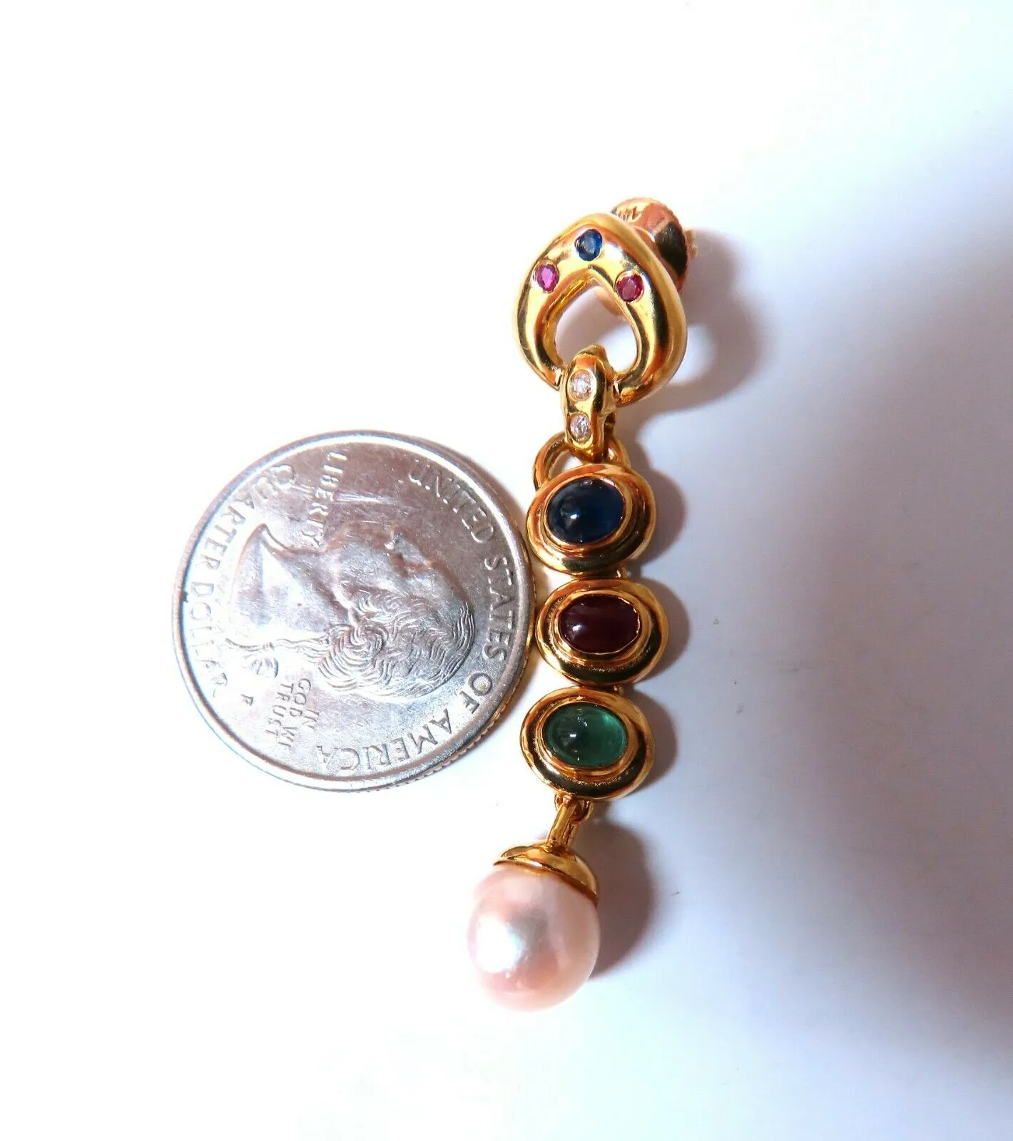 3ct Natural Ruby Emerald Sapphire Pearl Dangle Earrings 14kt