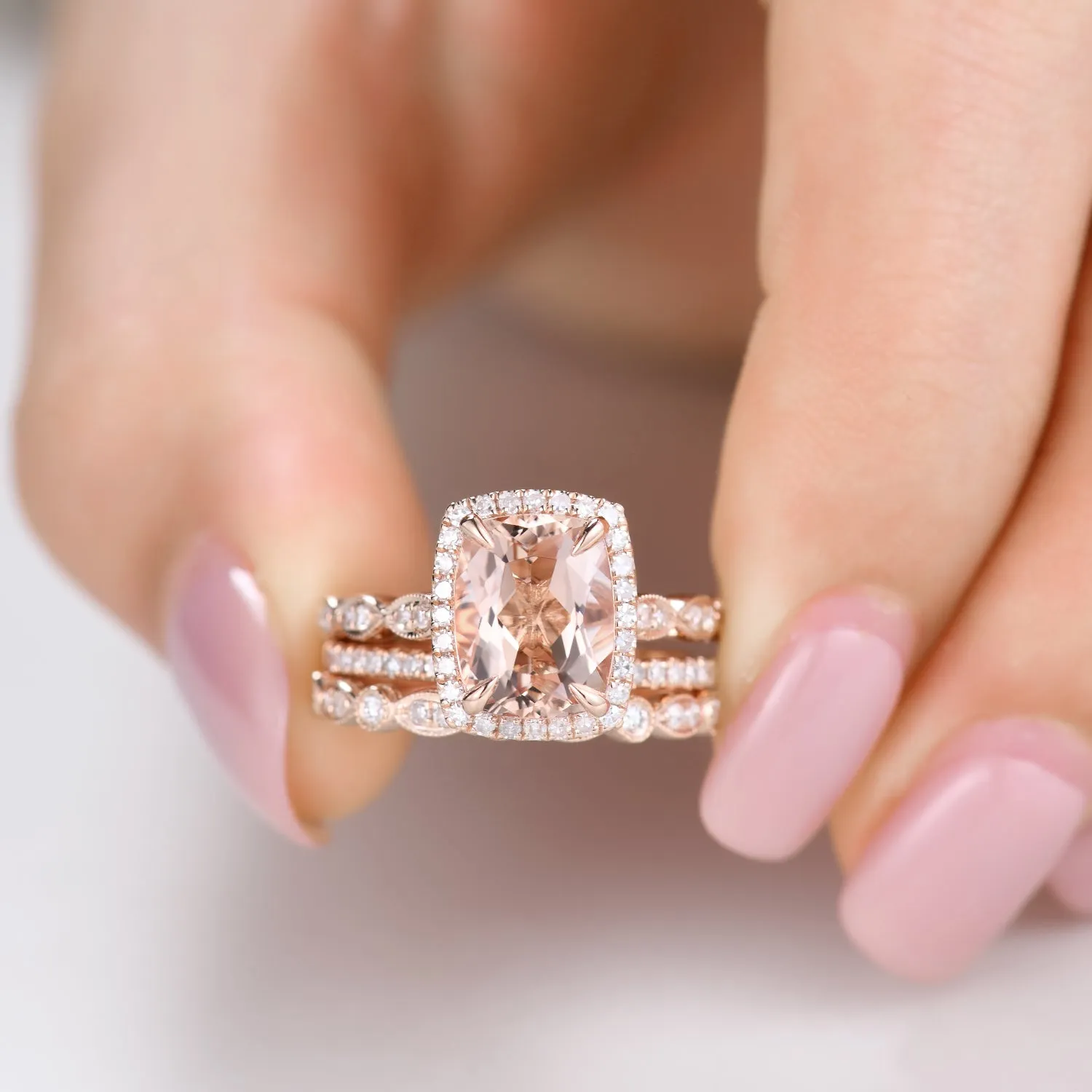 3pcs 7x9mm Cushion Cut Morganite Bridal Ring Set and Diamond Art Deco Wedding Band