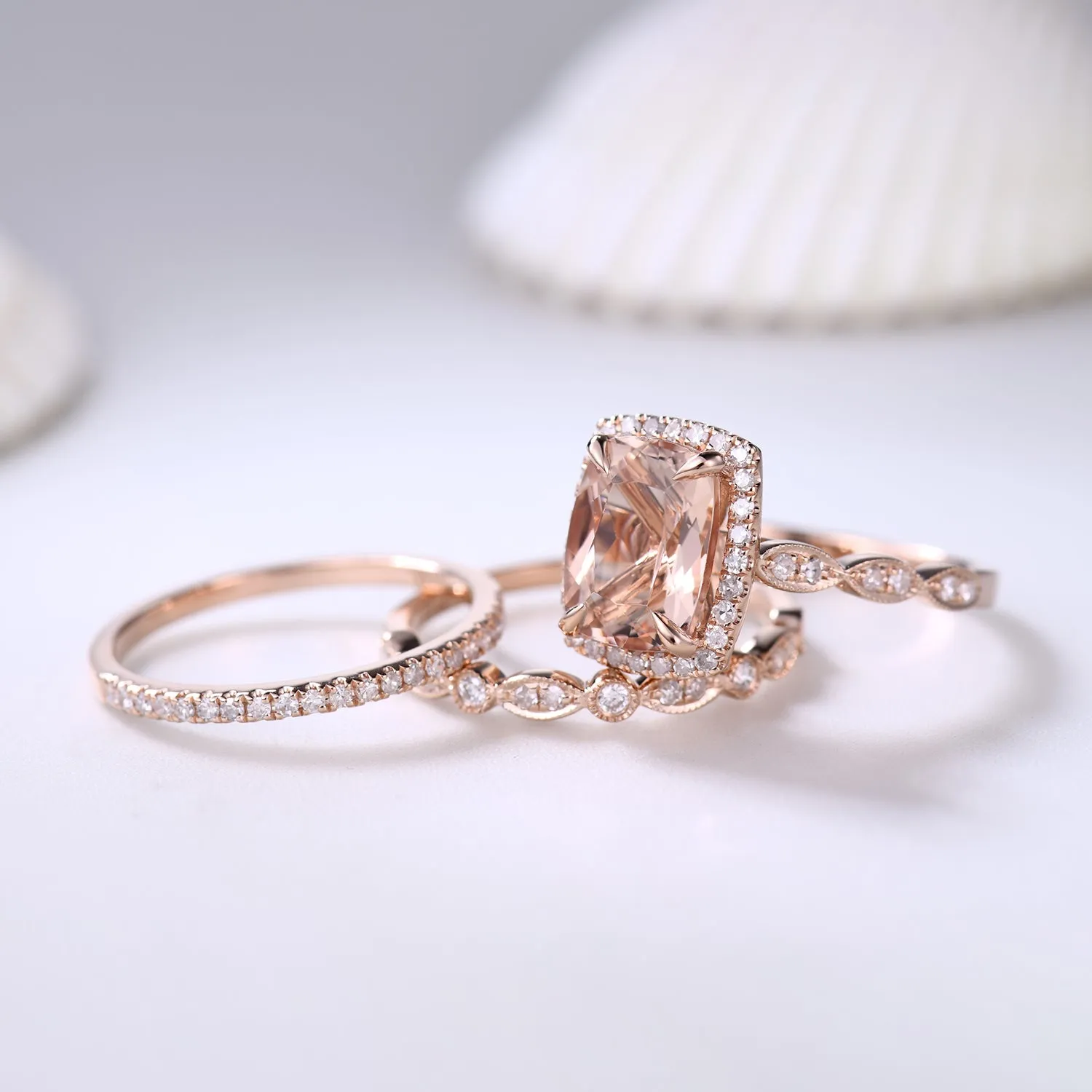 3pcs 7x9mm Cushion Cut Morganite Bridal Ring Set and Diamond Art Deco Wedding Band
