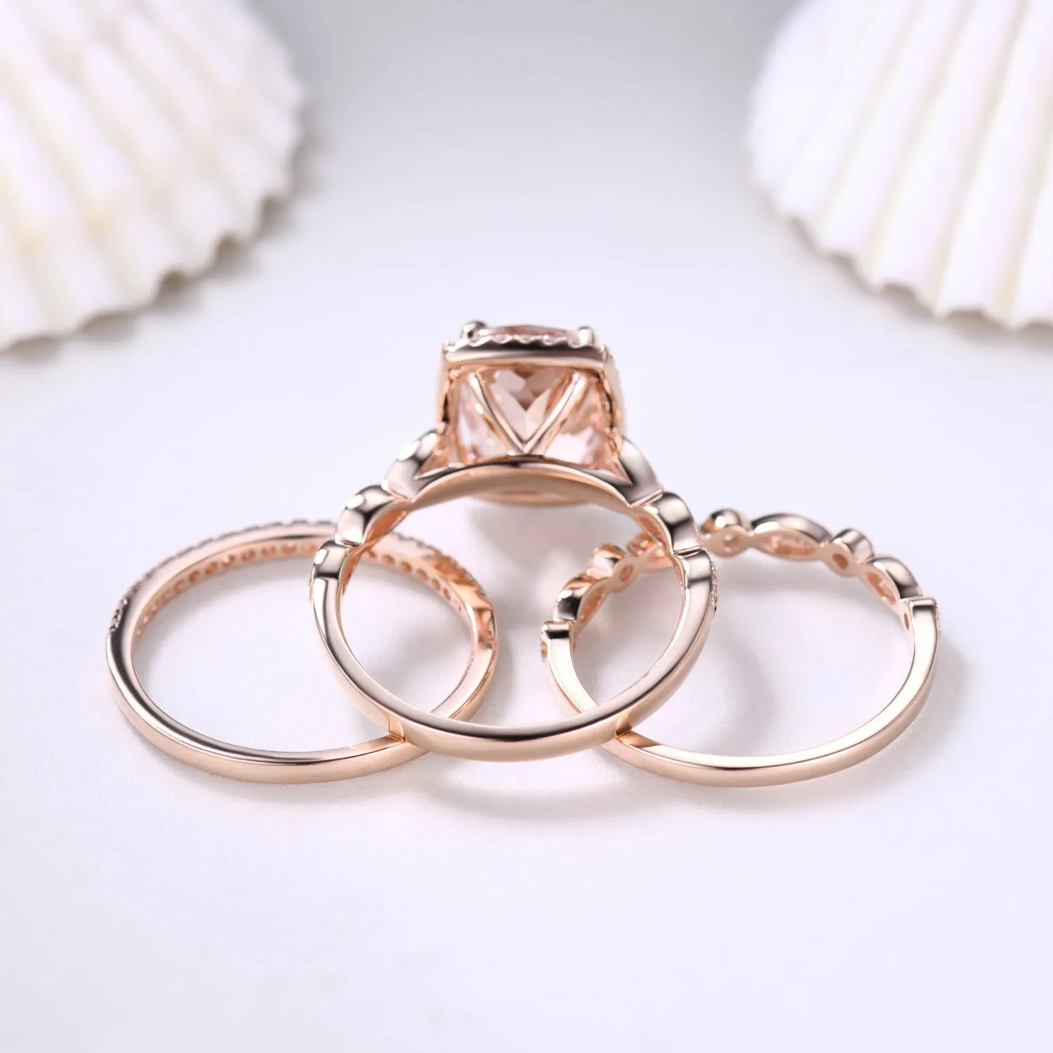 3pcs 7x9mm Cushion Cut Morganite Bridal Ring Set and Diamond Art Deco Wedding Band