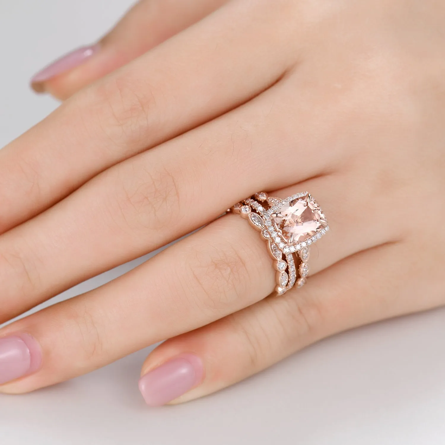 3pcs 7x9mm Cushion Cut Morganite Bridal Ring Set and Diamond Art Deco Wedding Band