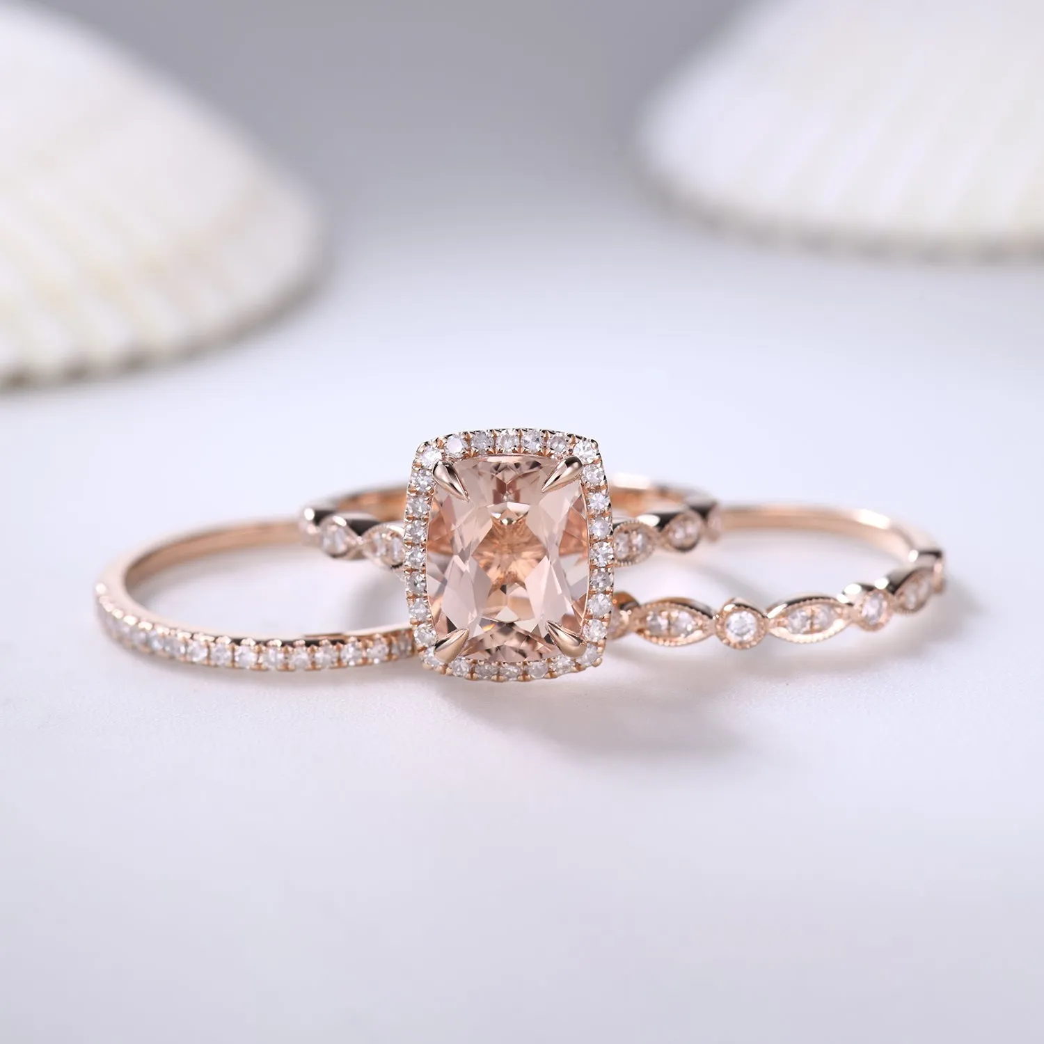 3pcs 7x9mm Cushion Cut Morganite Bridal Ring Set and Diamond Art Deco Wedding Band