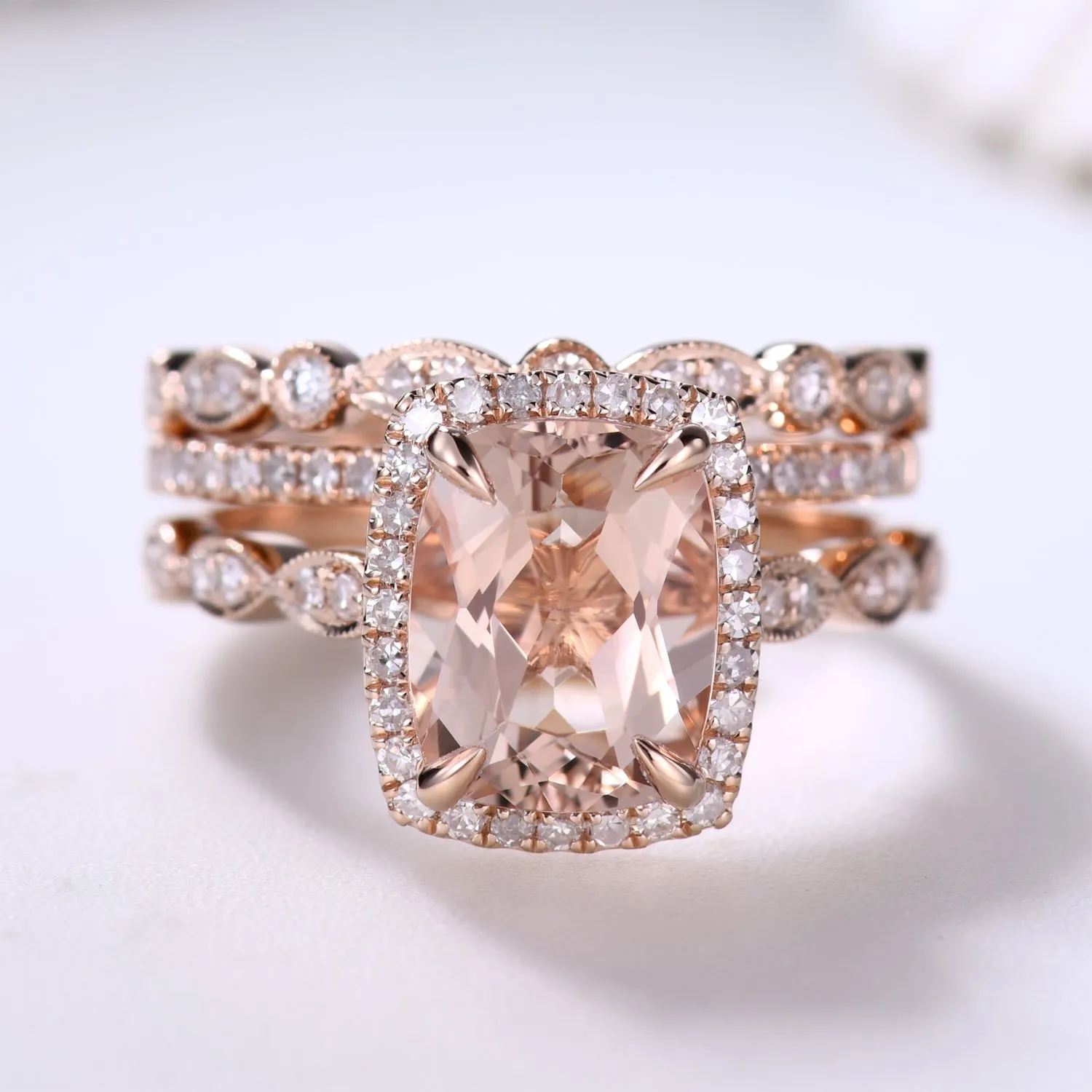 3pcs 7x9mm Cushion Cut Morganite Bridal Ring Set and Diamond Art Deco Wedding Band