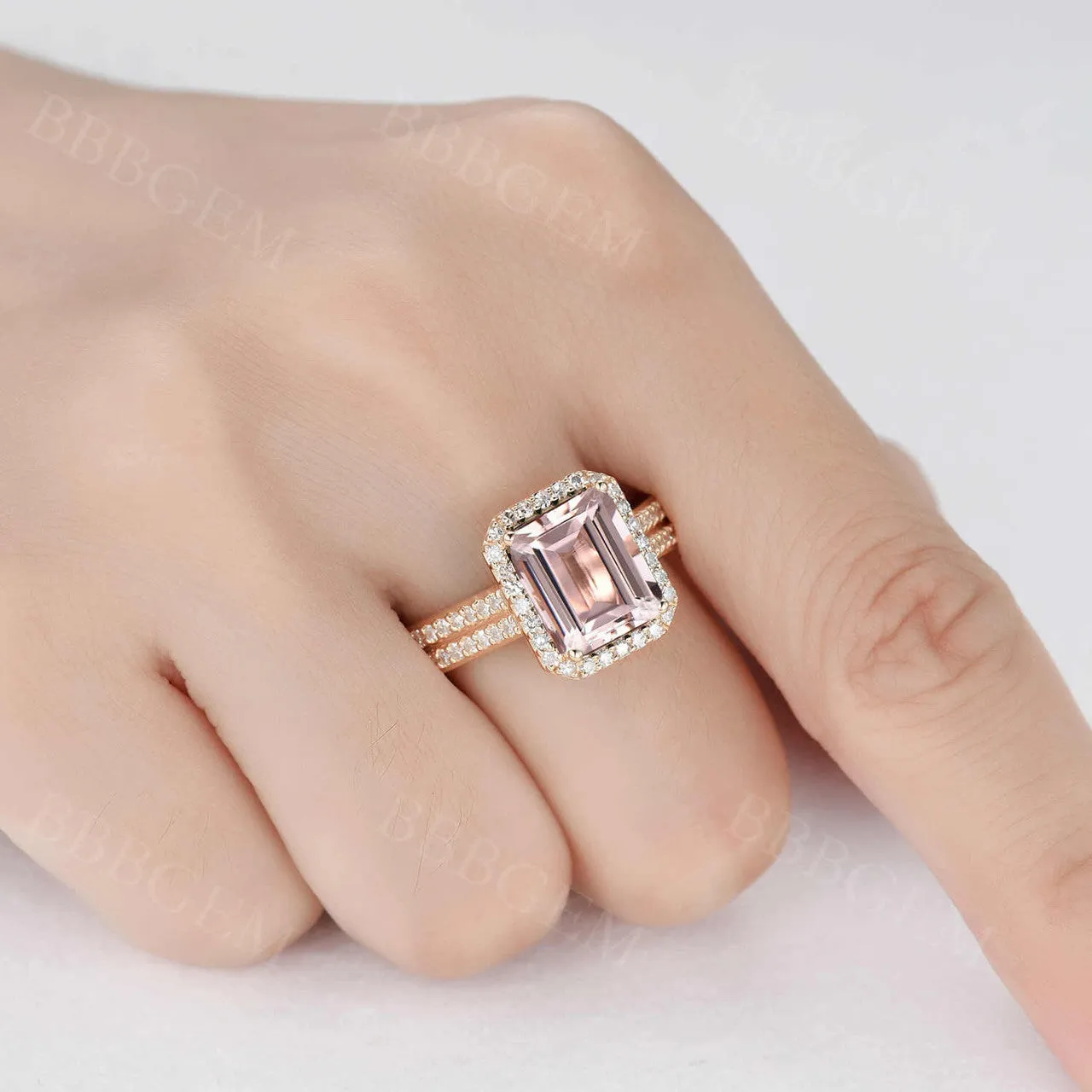 4 Carat Yellow Gold Natural Morganite Diamond Halo Engagement Ring 8x10mm Emerald Cut