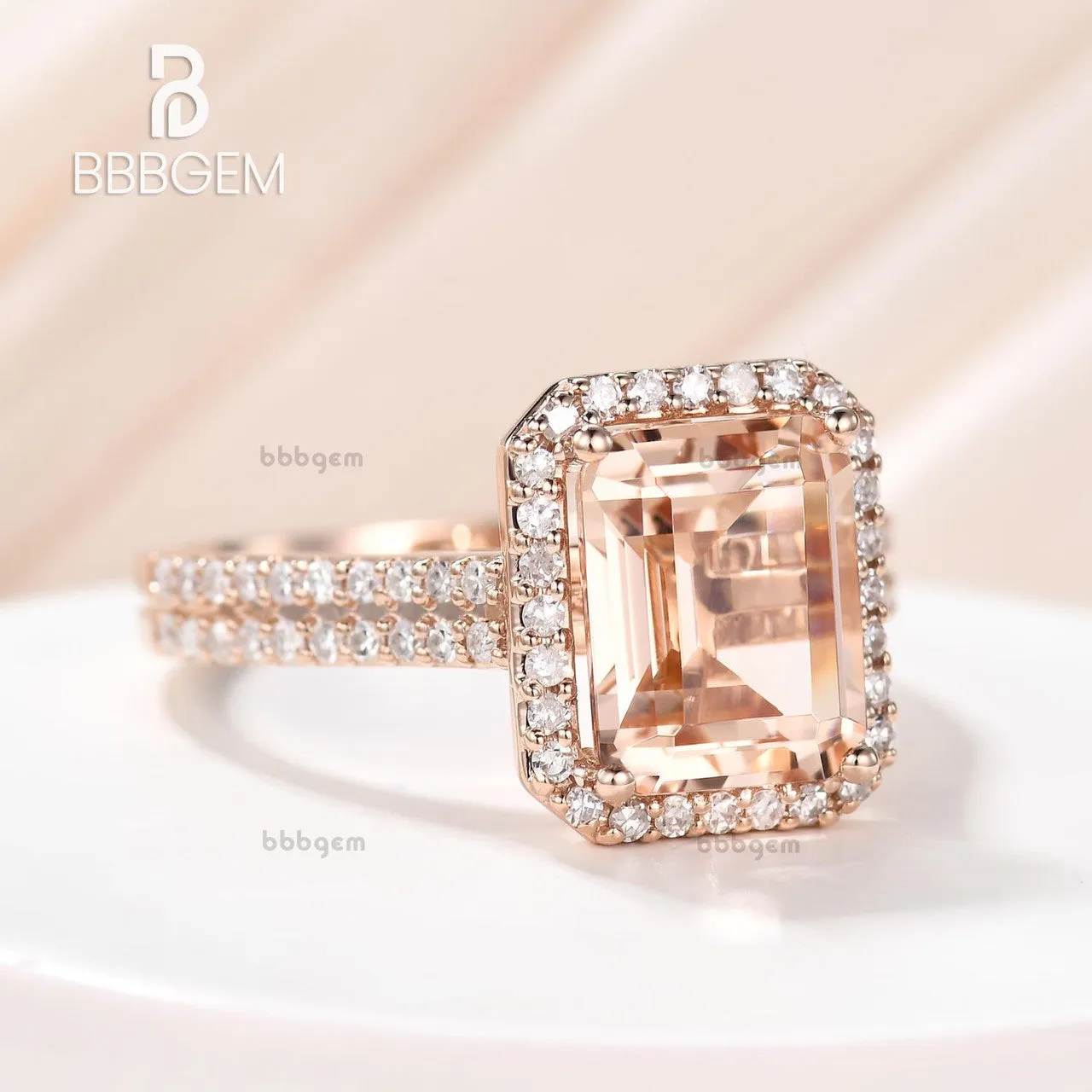 4 Carat Yellow Gold Natural Morganite Diamond Halo Engagement Ring 8x10mm Emerald Cut