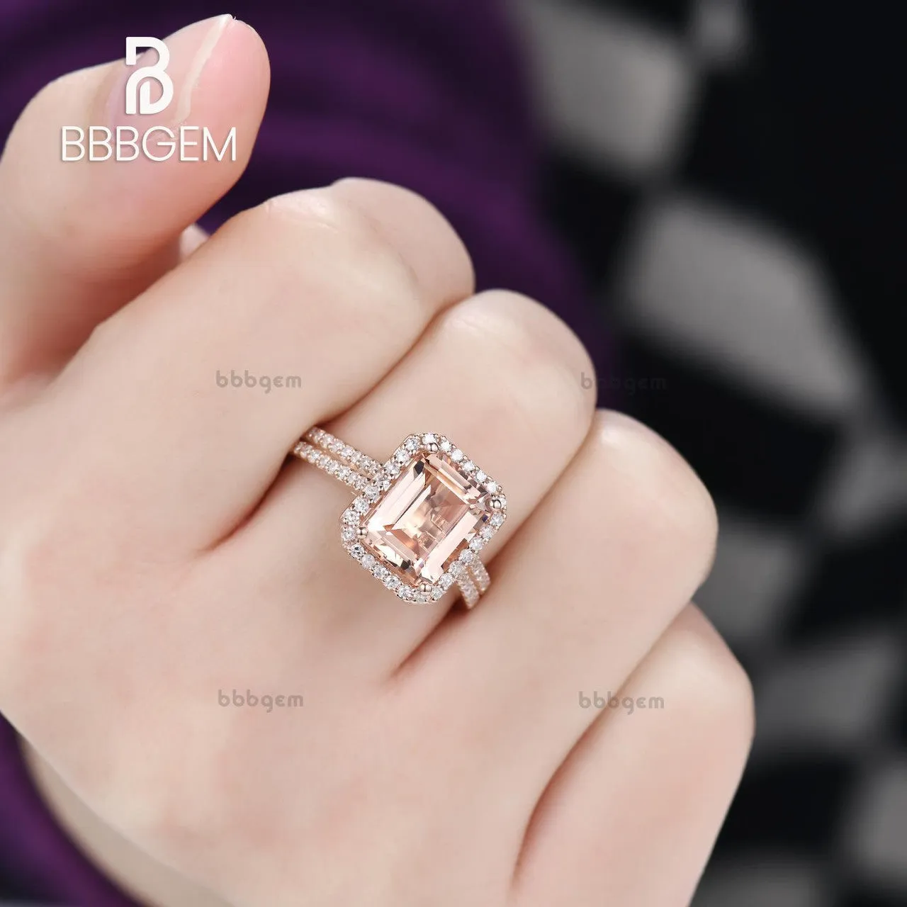 4 Carat Yellow Gold Natural Morganite Diamond Halo Engagement Ring 8x10mm Emerald Cut