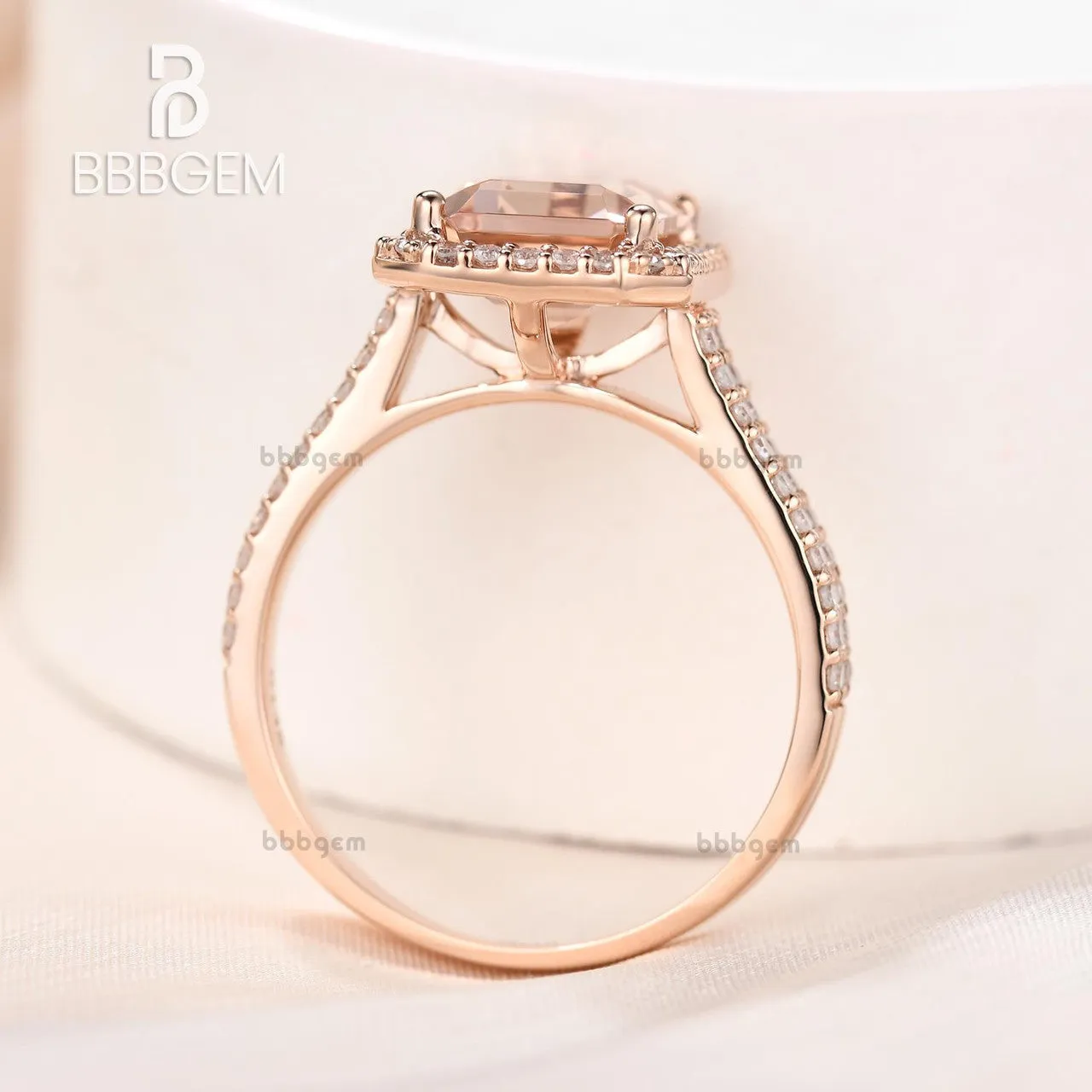 4 Carat Yellow Gold Natural Morganite Diamond Halo Engagement Ring 8x10mm Emerald Cut