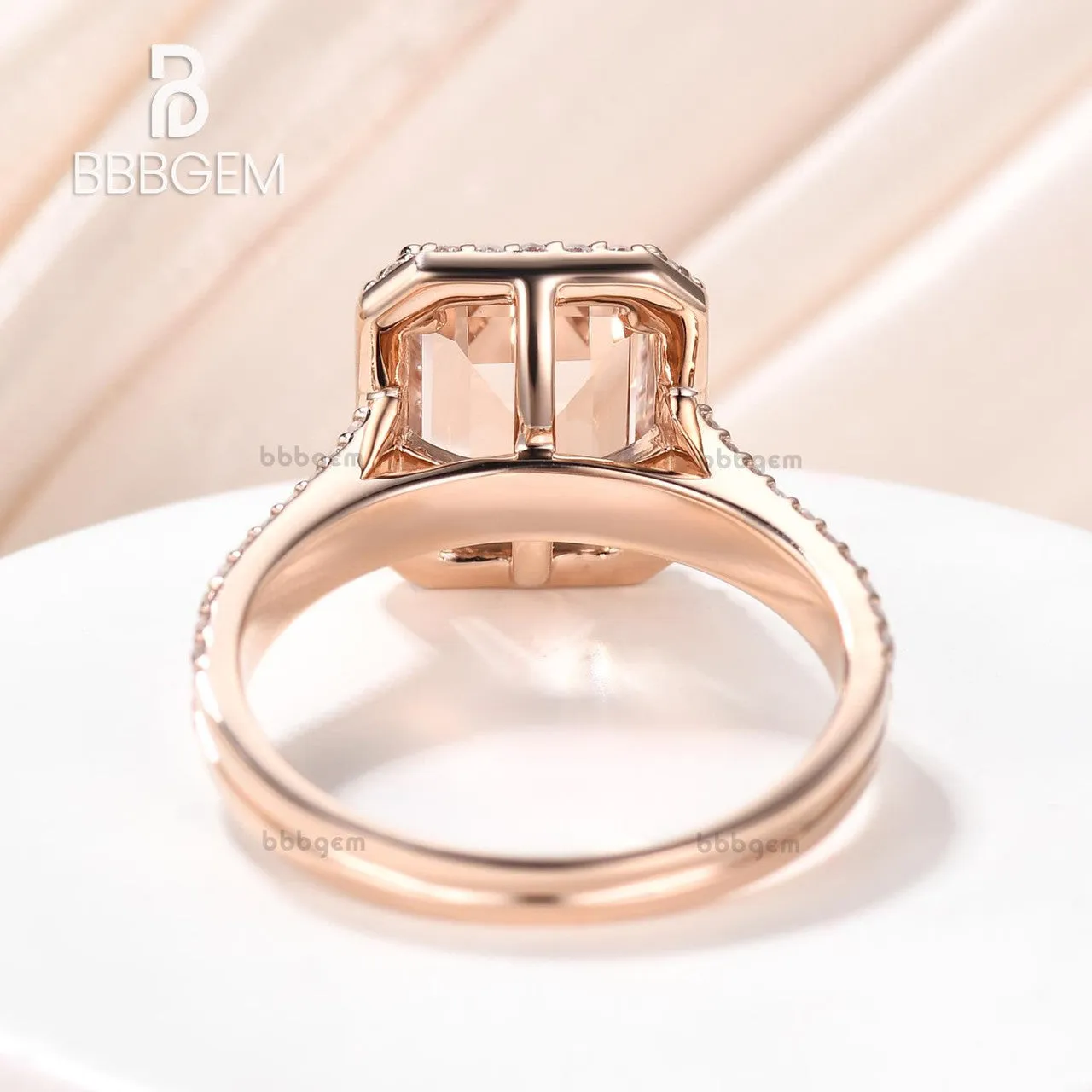4 Carat Yellow Gold Natural Morganite Diamond Halo Engagement Ring 8x10mm Emerald Cut