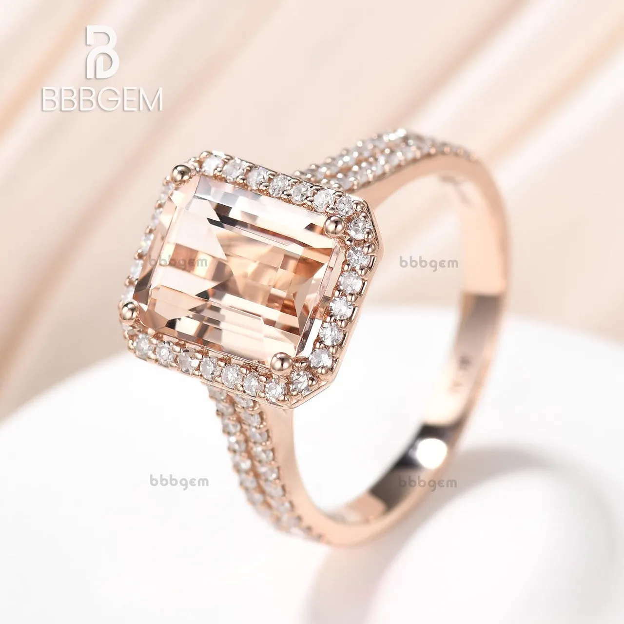 4 Carat Yellow Gold Natural Morganite Diamond Halo Engagement Ring 8x10mm Emerald Cut