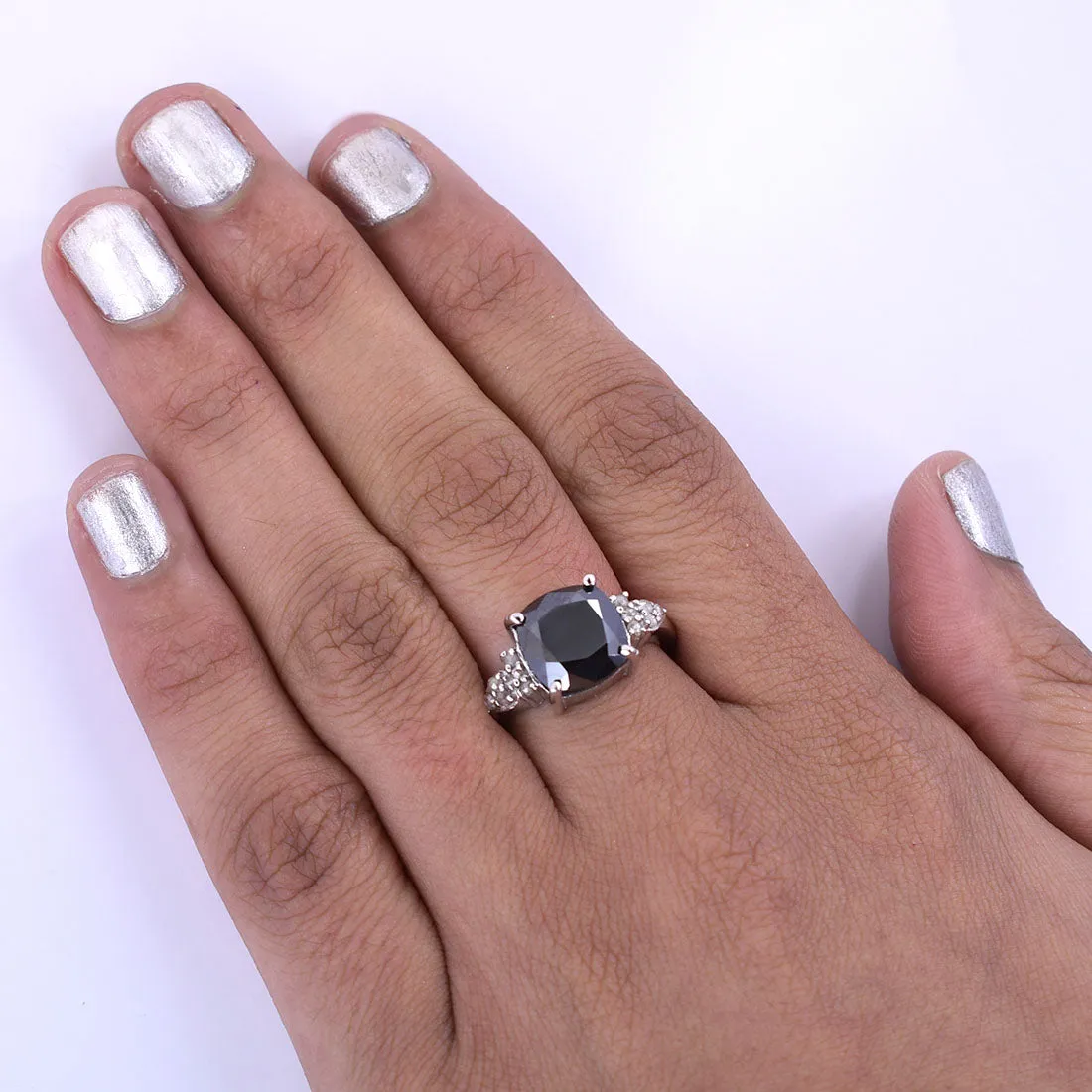 4.25 Ct Cushion Cut Black Diamond Solitaire Cocktail Ring with Diamond Accents, Excellent Cut