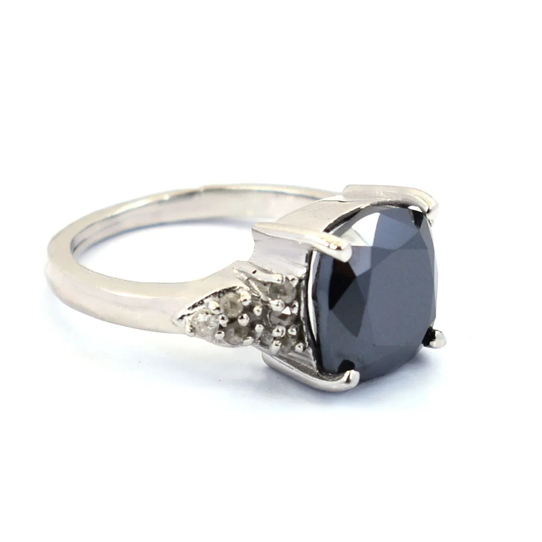 4.25 Ct Cushion Cut Black Diamond Solitaire Cocktail Ring with Diamond Accents, Excellent Cut