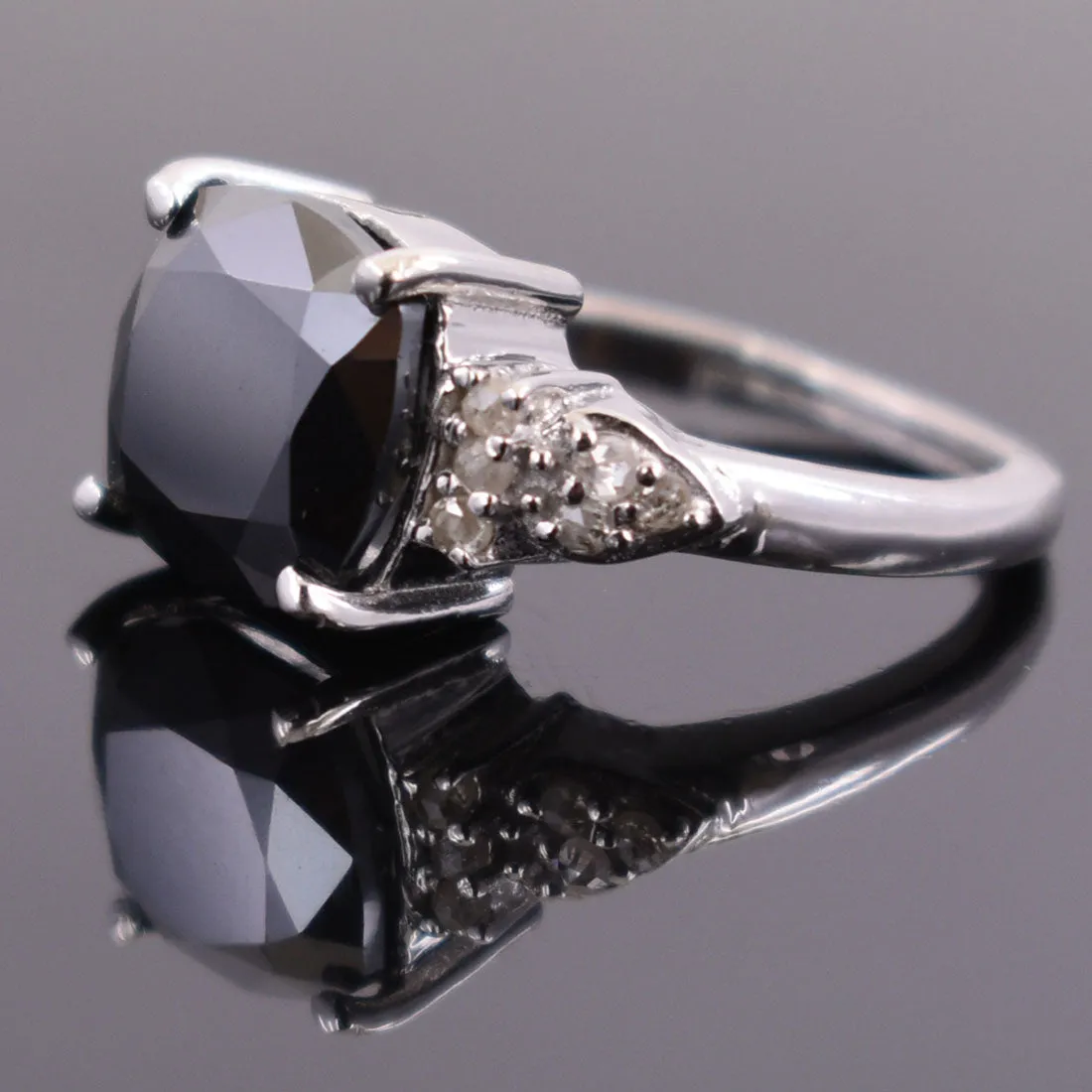 4.25 Ct Cushion Cut Black Diamond Solitaire Cocktail Ring with Diamond Accents, Excellent Cut