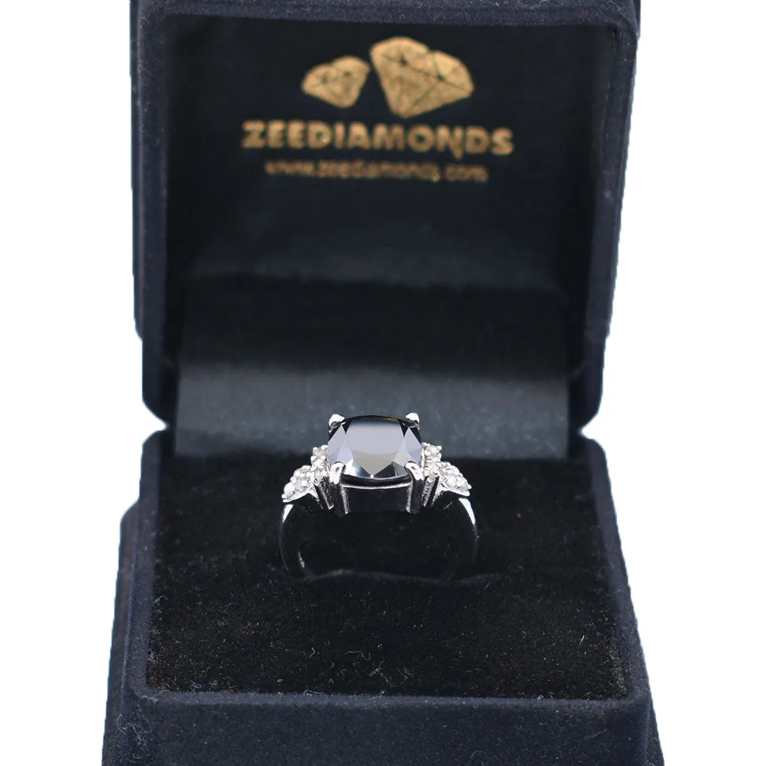 4.25 Ct Cushion Cut Black Diamond Solitaire Cocktail Ring with Diamond Accents, Excellent Cut