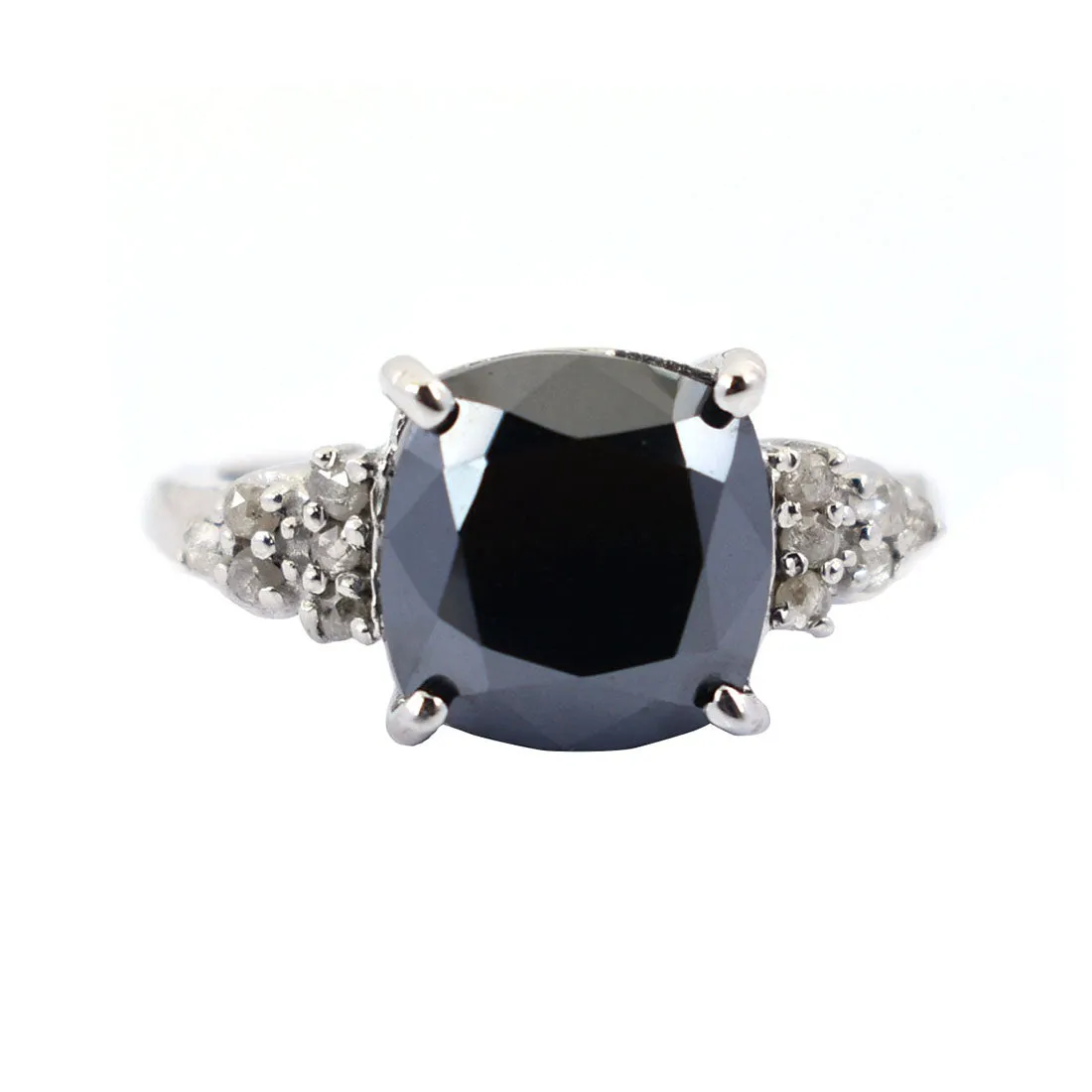 4.25 Ct Cushion Cut Black Diamond Solitaire Cocktail Ring with Diamond Accents, Excellent Cut