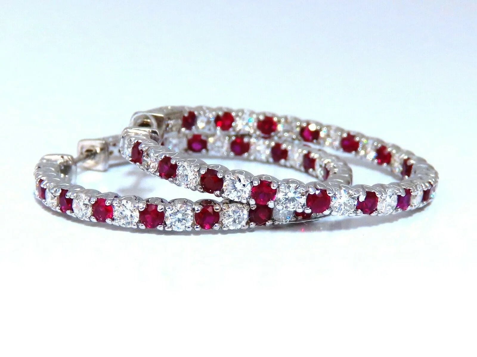 4.75ct natural red ruby diamond hoop earrings 14kt gold 1.2 inch