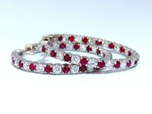 4.75ct natural red ruby diamond hoop earrings 14kt gold 1.2 inch