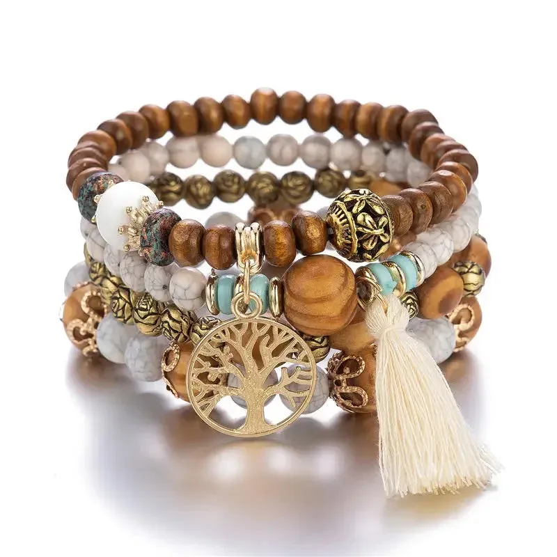 4Pcs Bohemia Tree of Life Charm Beaded Bracelet Set for Women Tassel Multi Layer Beads Leaf Pendant Jewelry Jewelry Accessories