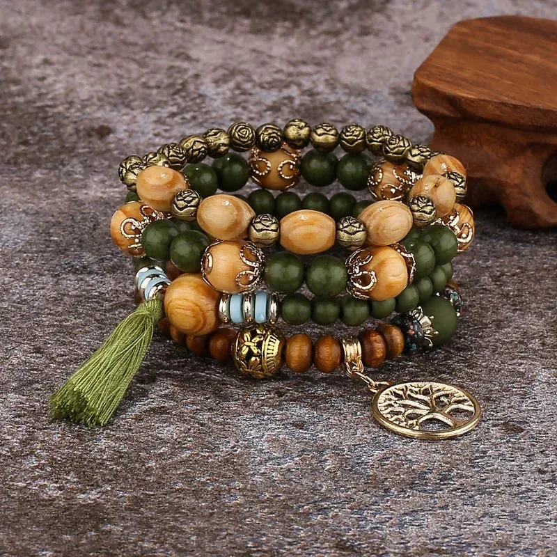 4Pcs Bohemia Tree of Life Charm Beaded Bracelet Set for Women Tassel Multi Layer Beads Leaf Pendant Jewelry Jewelry Accessories