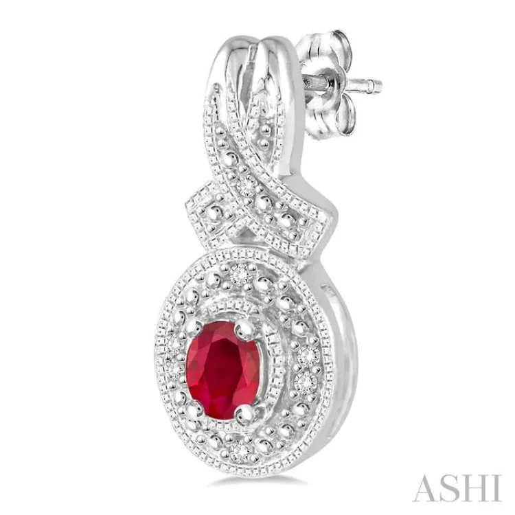 4x3 MM Oval Cut Ruby and 1/20 ctw Single Cut Diamond Earrings in Sterling Silver