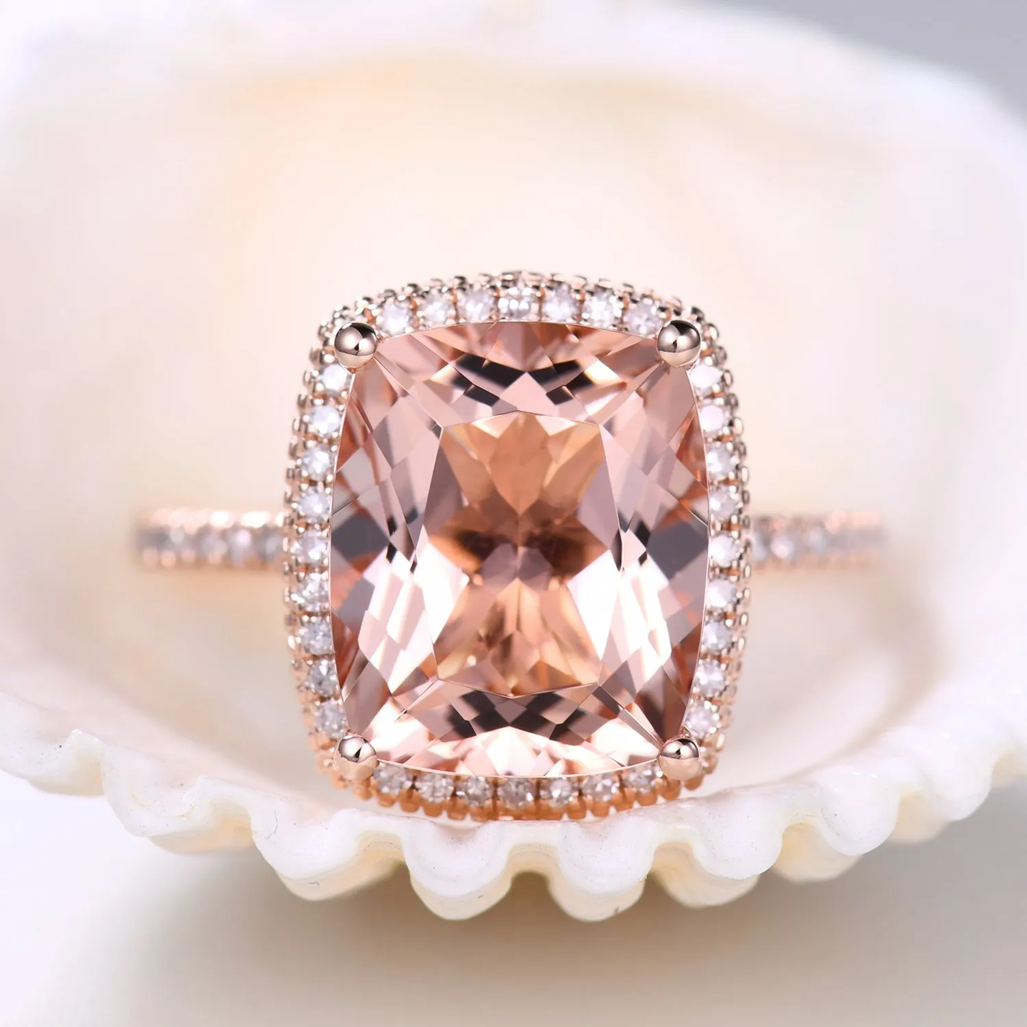 5 Carat Big Morganite Engagement Ring Filigree Halo Diamond Ring in Rose Gold