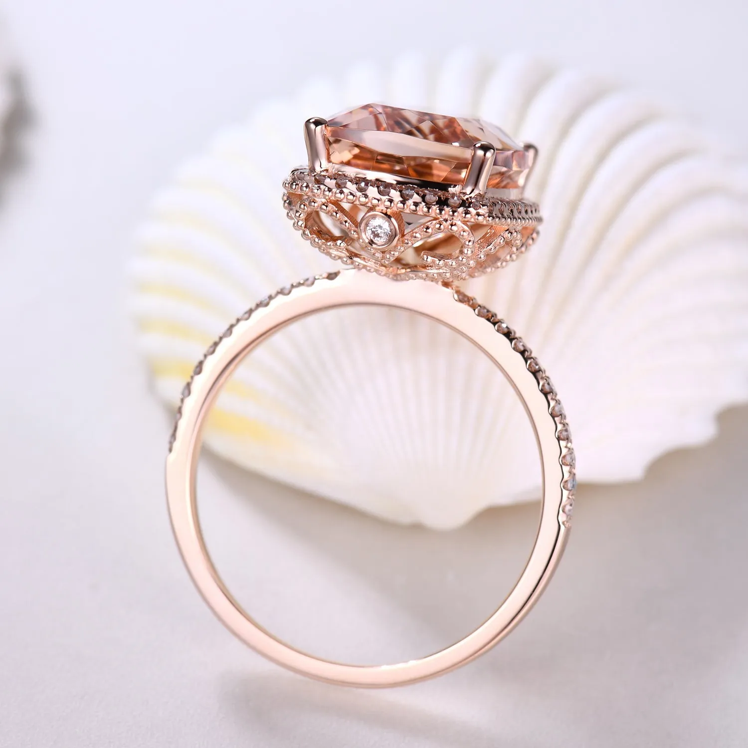 5 Carat Big Morganite Engagement Ring Filigree Halo Diamond Ring in Rose Gold