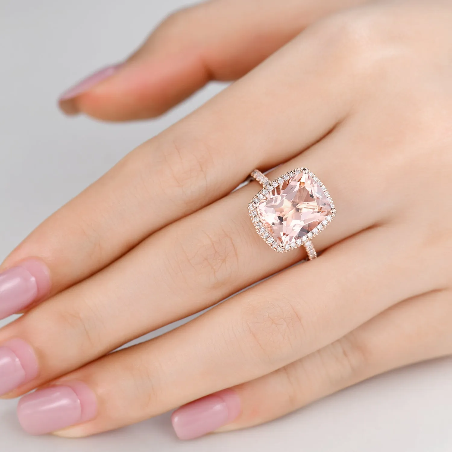 5 Carat Big Morganite Engagement Ring Filigree Halo Diamond Ring in Rose Gold