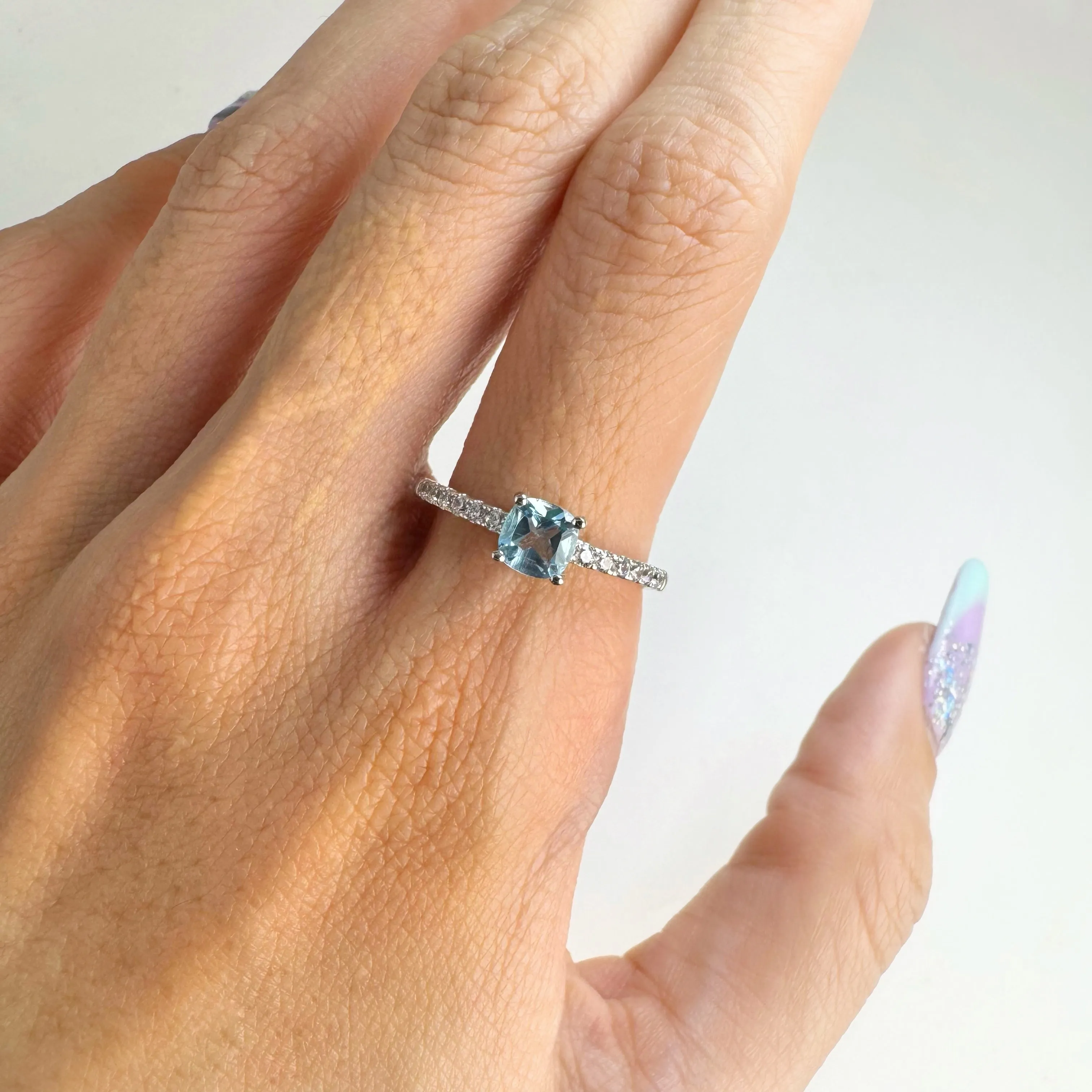 5 mm. Cushion Cut Sky Blue Brazilian Topaz with Cz Band Ring