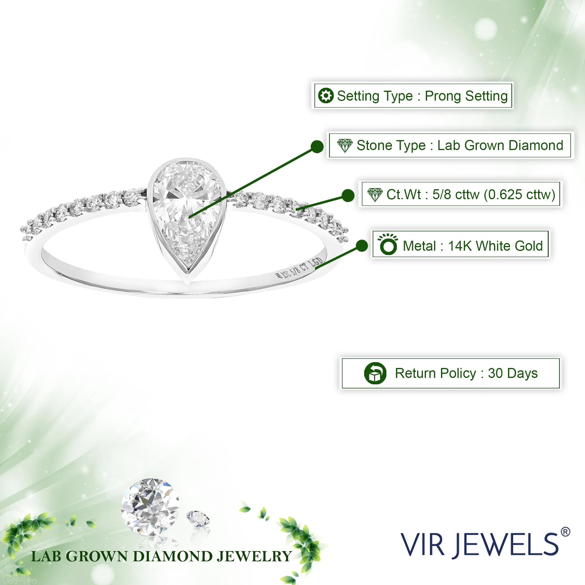 5/8 cttw Wedding Engagement Ring for Women, Round Lab Grown Diamond Ring in 14K White Gold, Prong Setting