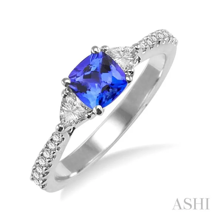 5X5mm Cushion Cut Tanzanite and 1/3 Ctw Diamond Ring in 14K White Gold