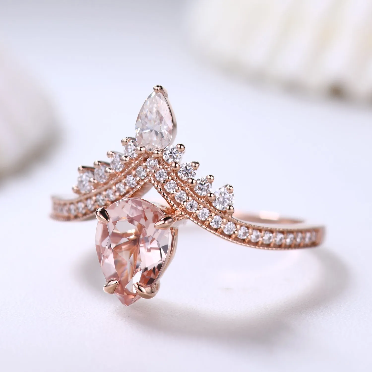 5x7mm Pear Cut Morganite Engagement Ring with Diamond Curved Accents Unique Gift