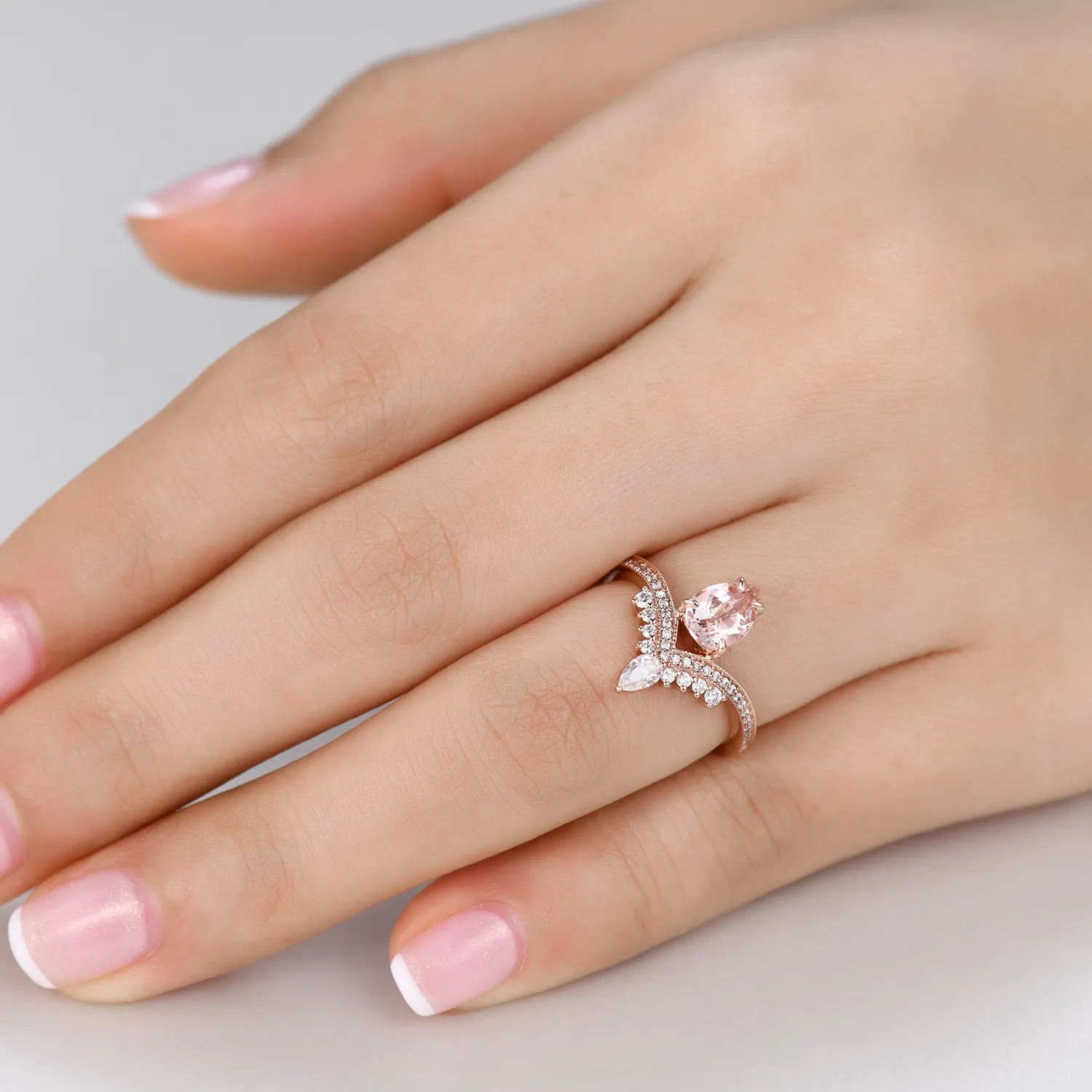 5x7mm Pear Cut Morganite Engagement Ring with Diamond Curved Accents Unique Gift