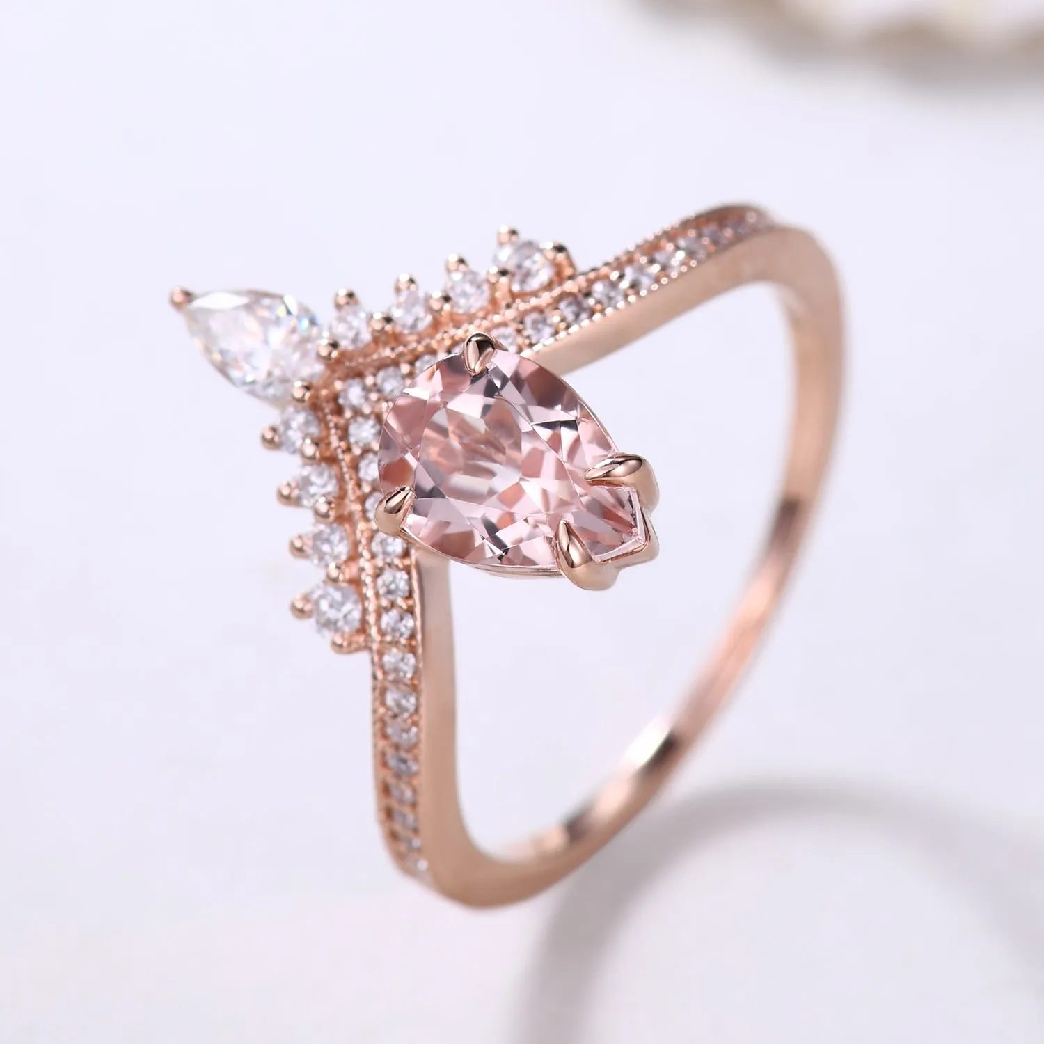 5x7mm Pear Cut Morganite Engagement Ring with Diamond Curved Accents Unique Gift
