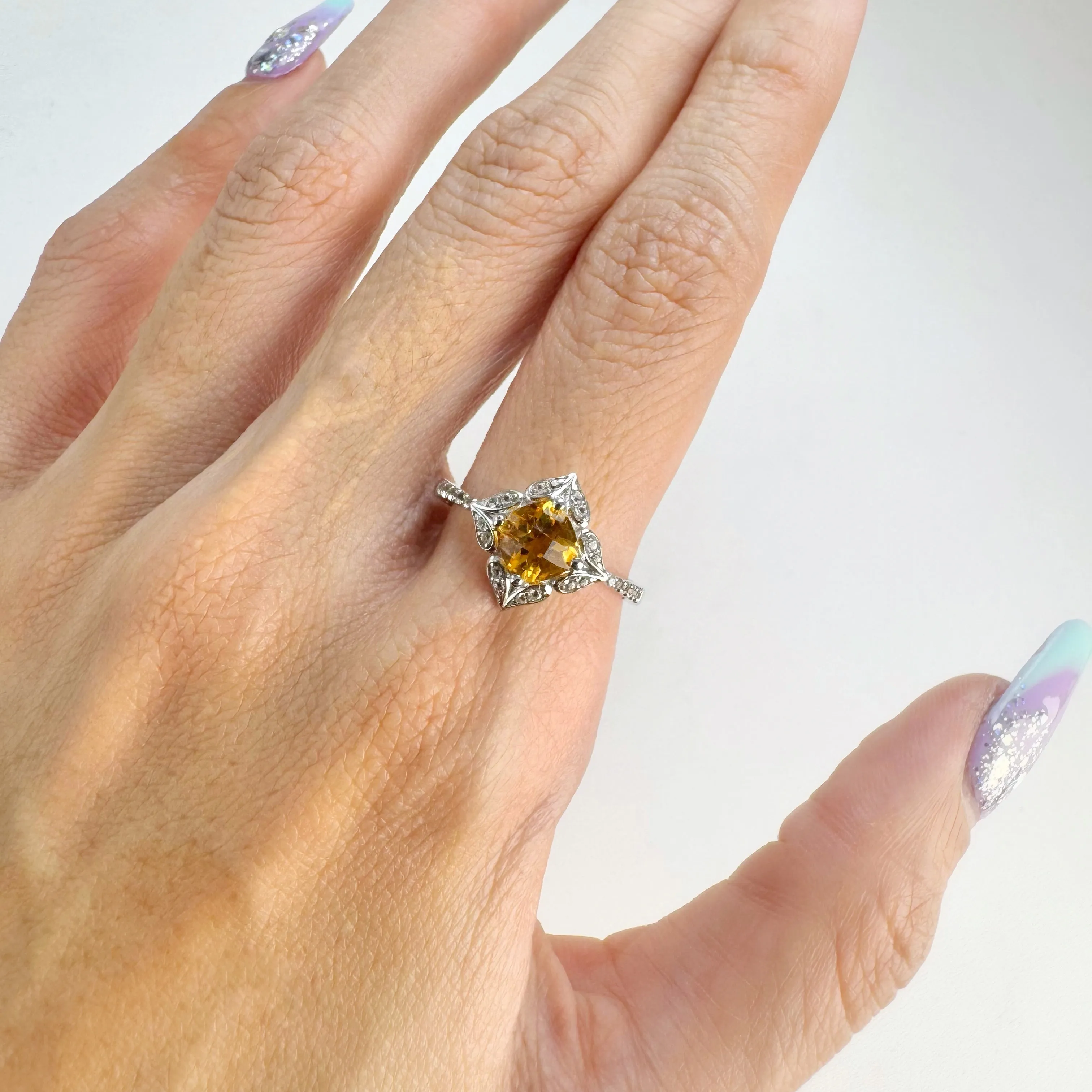 6 mm. Cushion with Checkerboard Cut Yellow Brazilian Citrine with Cz Accents Ring