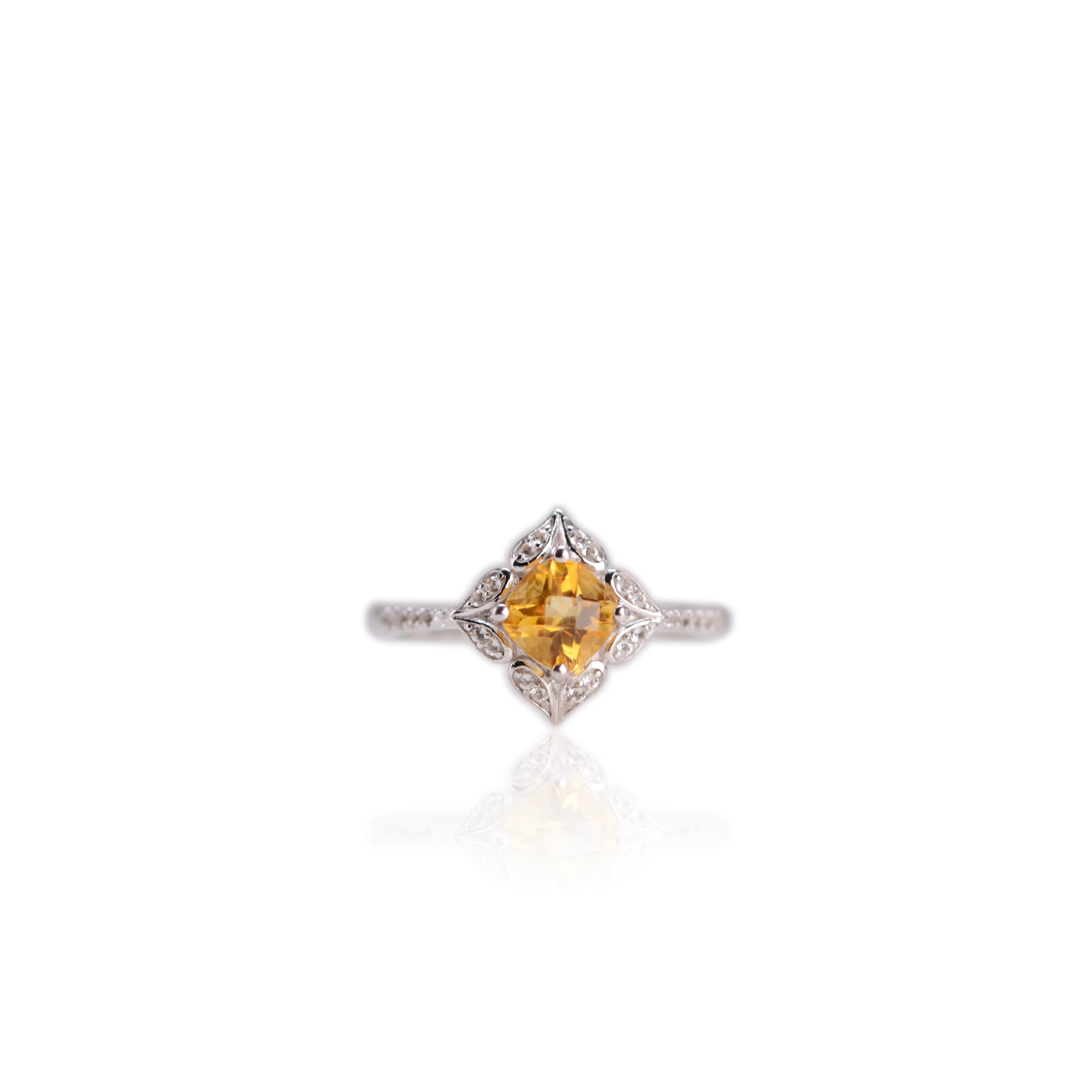 6 mm. Cushion with Checkerboard Cut Yellow Brazilian Citrine with Cz Accents Ring