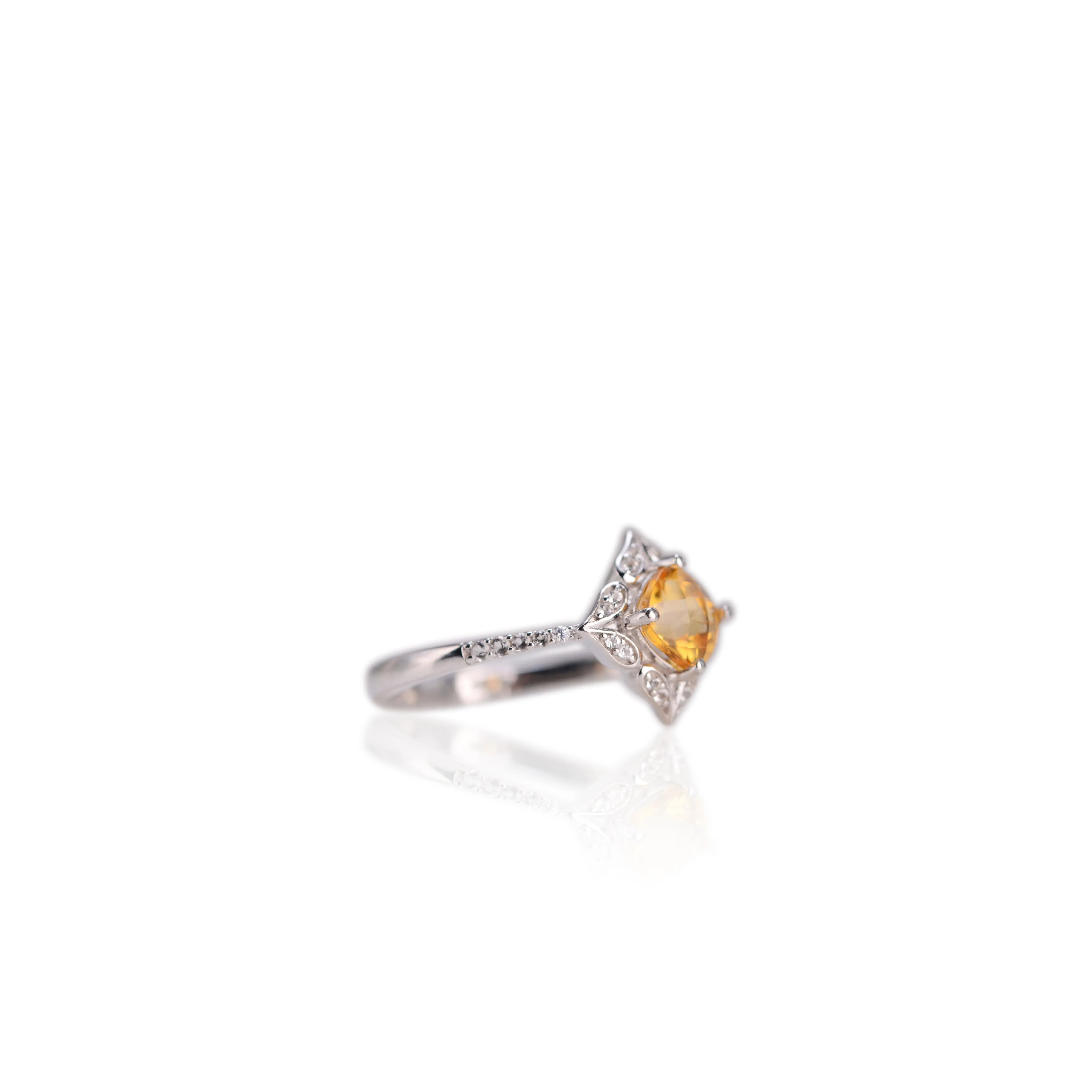 6 mm. Cushion with Checkerboard Cut Yellow Brazilian Citrine with Cz Accents Ring