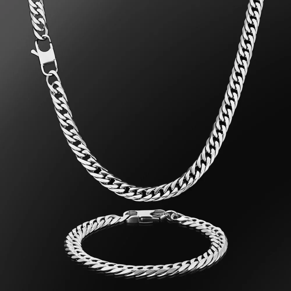 6-Sided | 8mm Miami Cuban Link Chain and Bracelet Set in White Gold KRKC