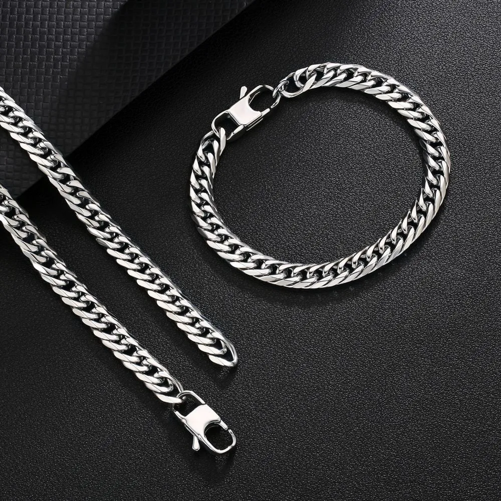 6-Sided | 8mm Miami Cuban Link Chain and Bracelet Set in White Gold KRKC