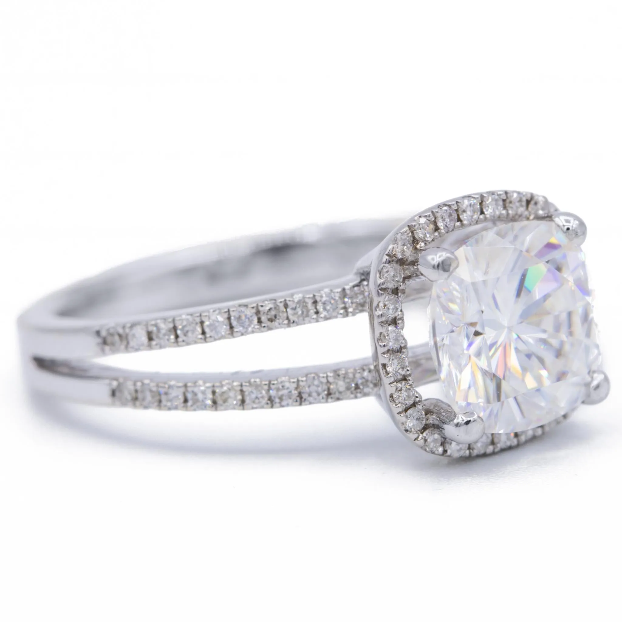 7.5mm Cushion Center 14KW Split Shank Diamond Accent Cushion Shaped Halo Ring