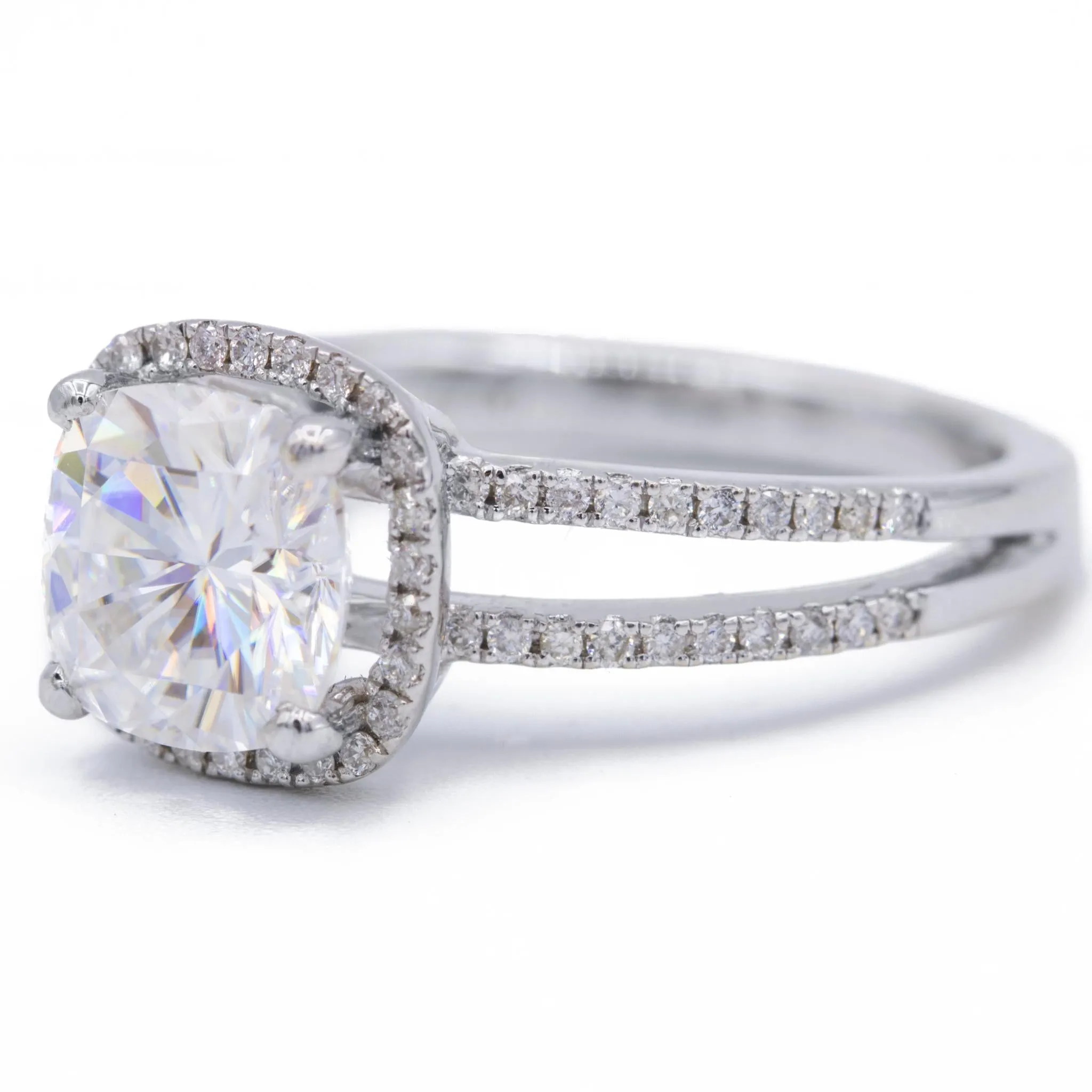 7.5mm Cushion Center 14KW Split Shank Diamond Accent Cushion Shaped Halo Ring