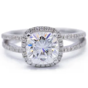 7.5mm Cushion Center 14KW Split Shank Diamond Accent Cushion Shaped Halo Ring