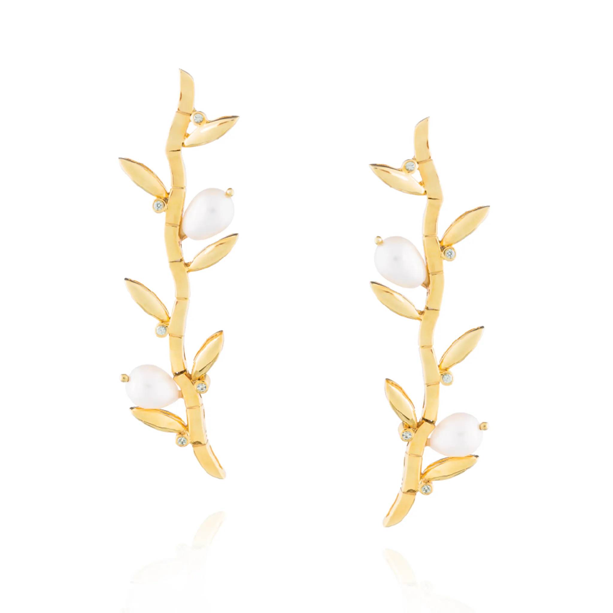 925 Silver Bamboo Earrings Plated in Yellow Gold with Pearls & Sapphires