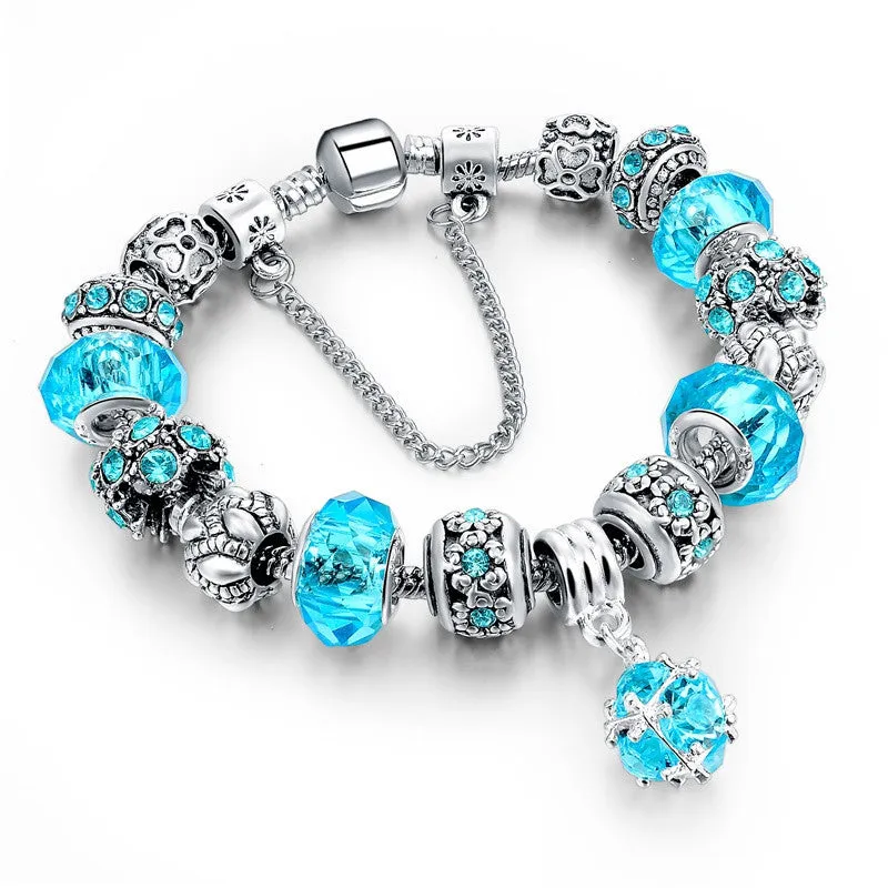 925 Silver Crystal Charm Bracelets for Women With Purple Murano Glass Beads bracelets & bangles Love DIY Jewelry Bracelet Femme